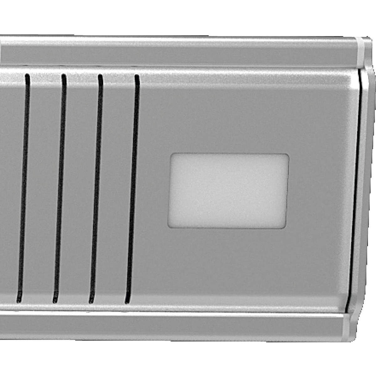 Nahaufnahme eines silbernen elektronischen Geräts mit rechteckiger Öffnung und vertikalen Linien.