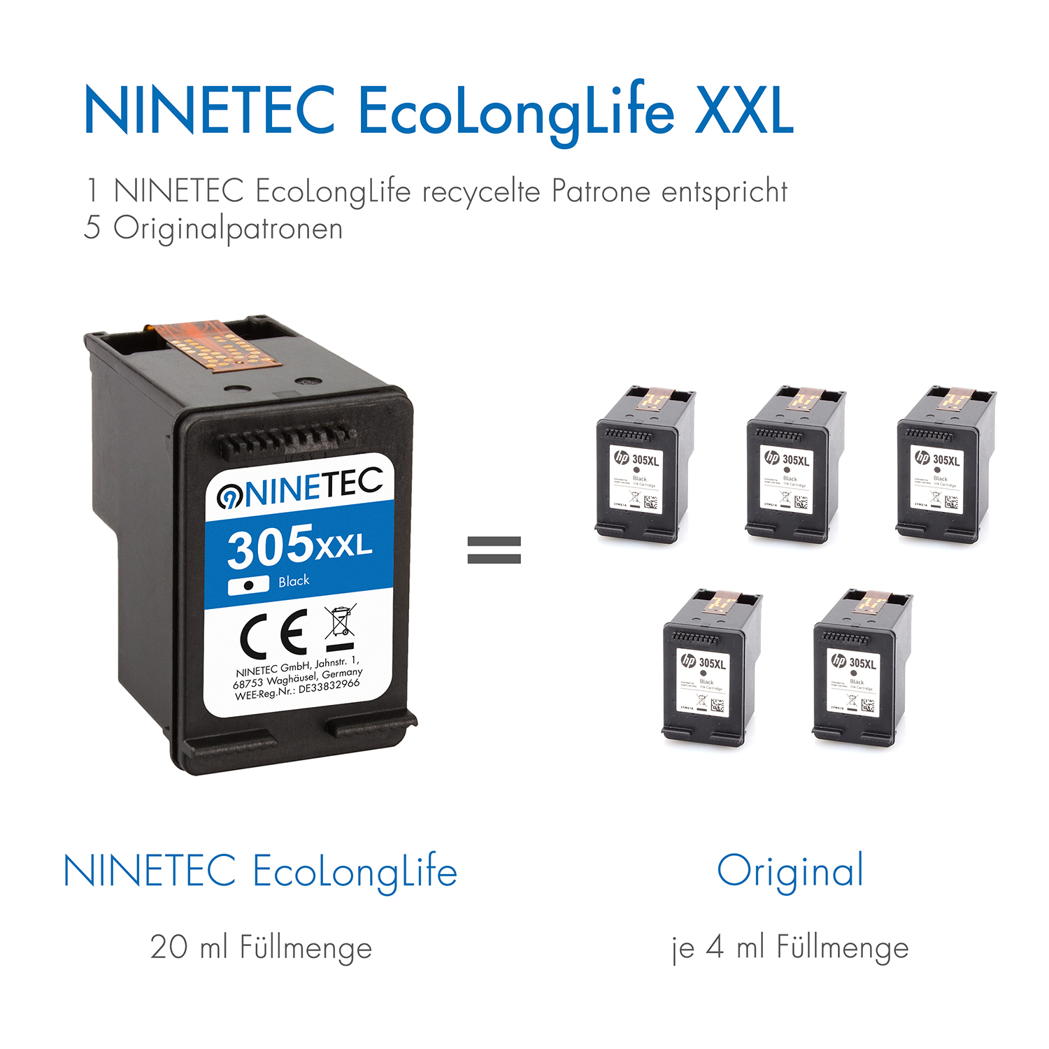 NINETEC 2er Set EcoLongLife (3YM62AE) 305XXL HP black Patronen ersetzt Tintenpatronen
