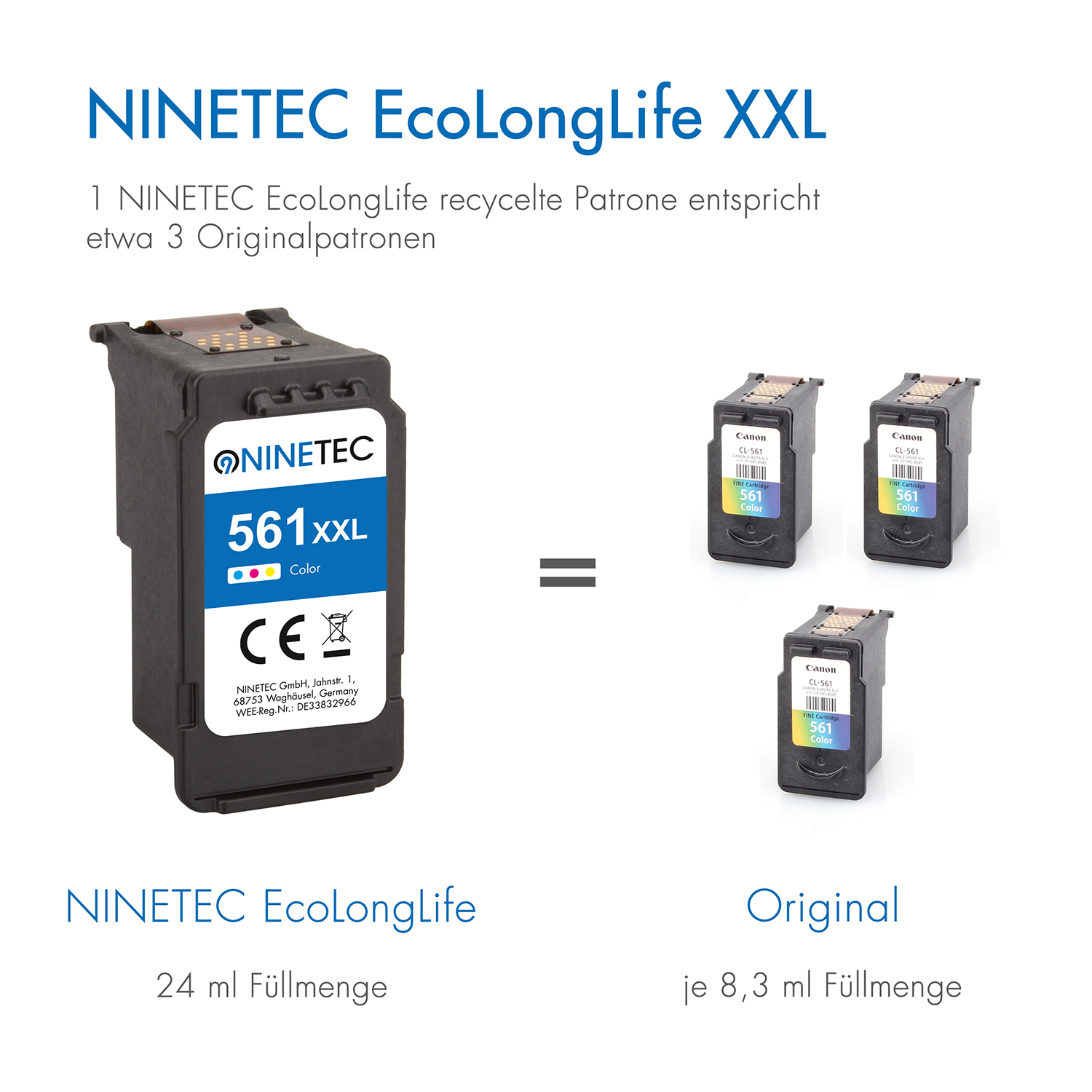 NINETEC 2er magenta, EcoLongLife ersetzt CL-561XL Canon Tintenpatronen XXL Set Patronen yellow) (cyan, (3730 001) C color