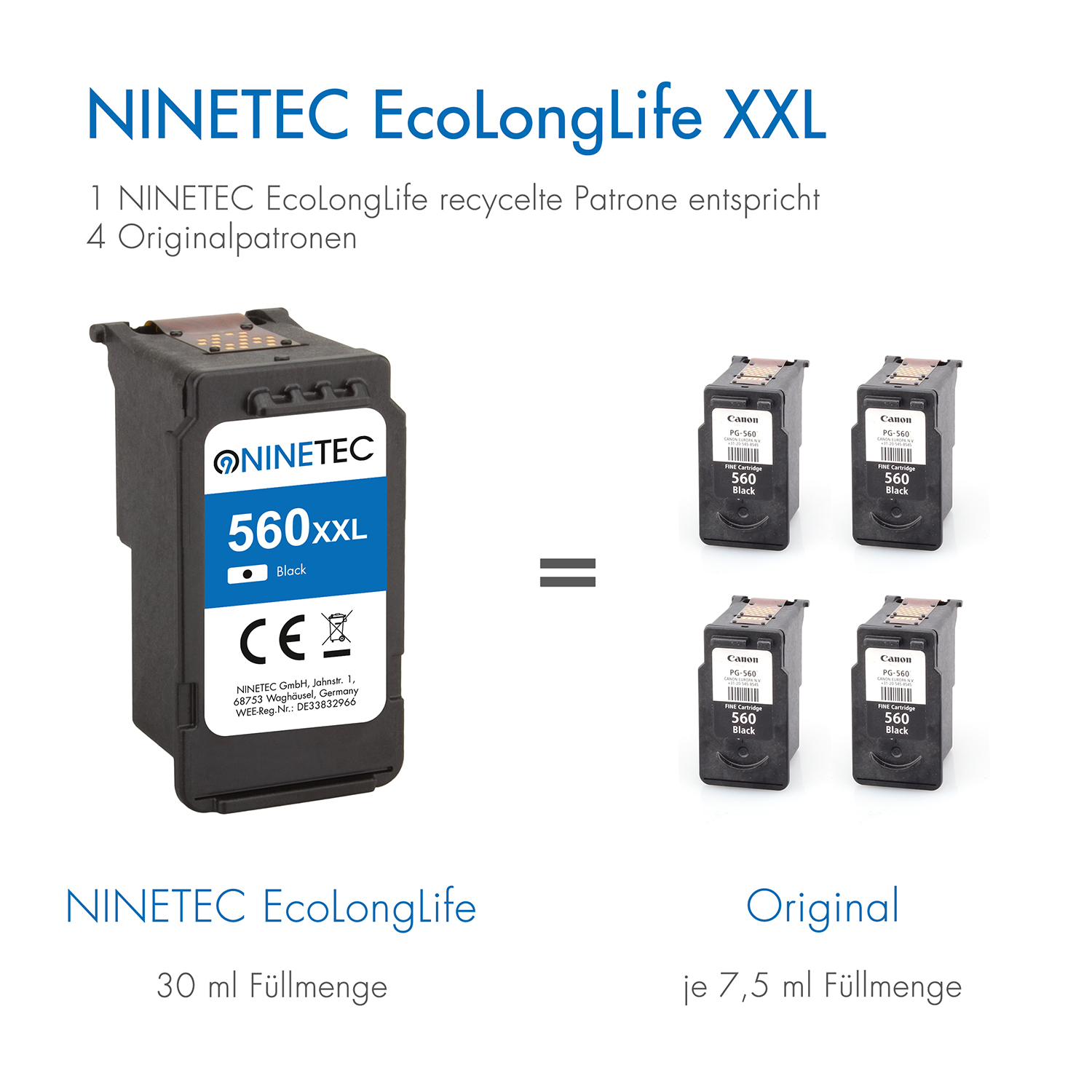 NINETEC 2er Set EcoLongLife Patronen black, magenta, C (cyan, CL-561 (3712 color 001) XL ersetzt XXL Canon Tintenpatronen PG-560 yellow)
