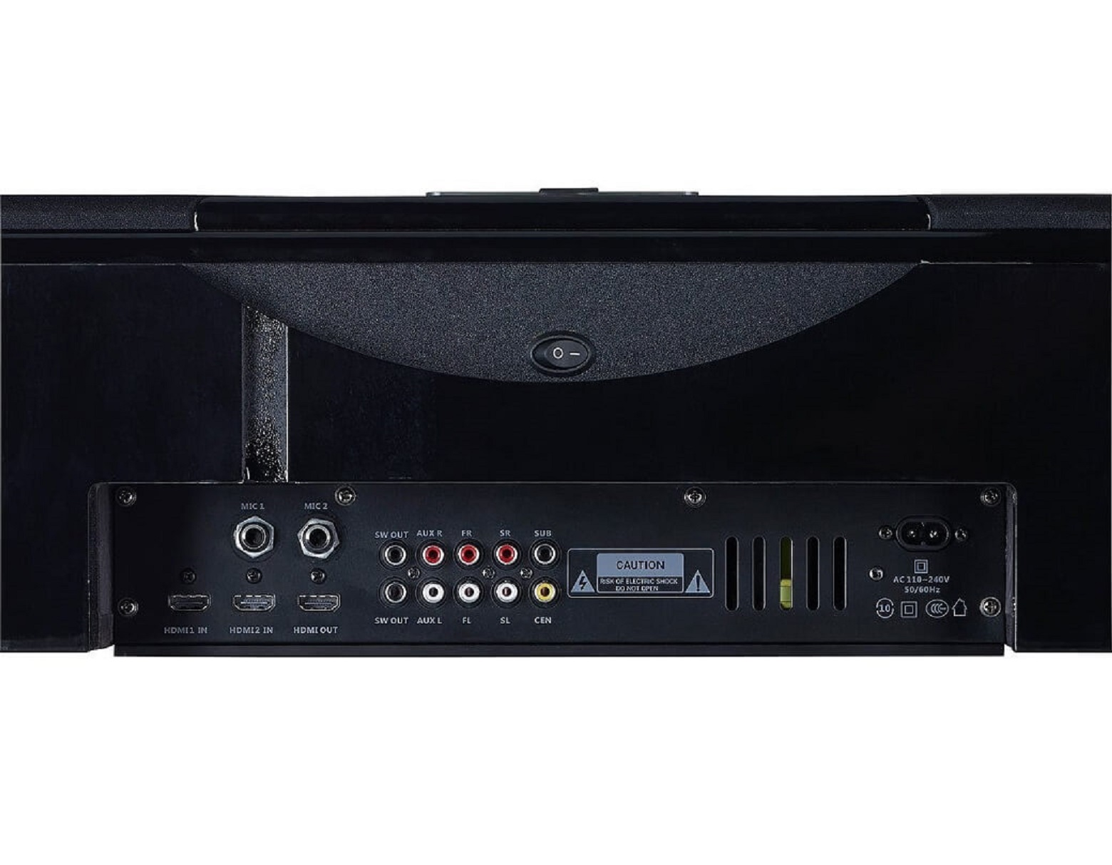 Eine schwarze Soundbar mit mehreren Ein-/Ausgangsanschlüssen auf der Rückseite, einschließlich HDMI und AUX.