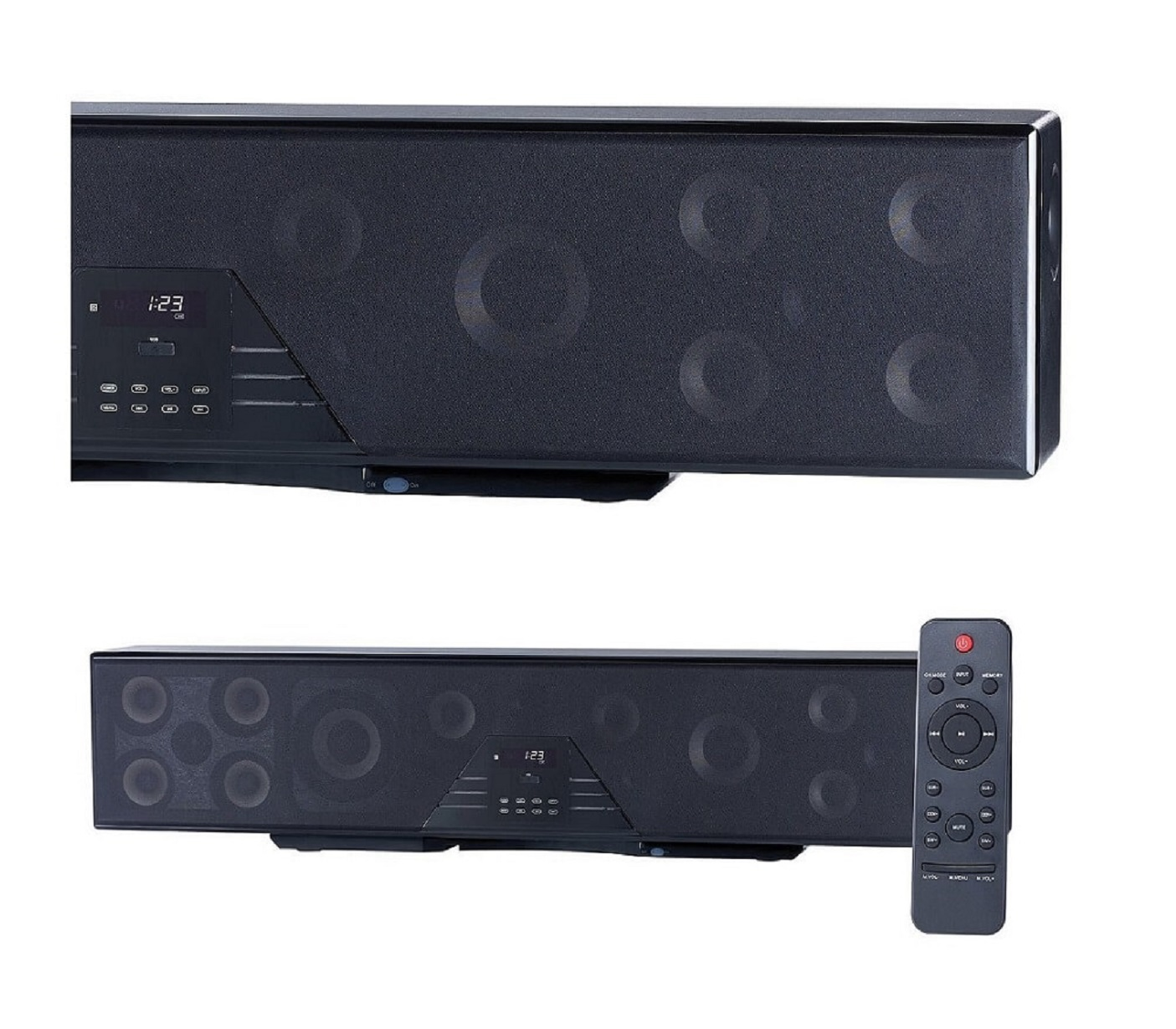 Schwarze Soundbar mit Knöpfen und Fernbedienung.