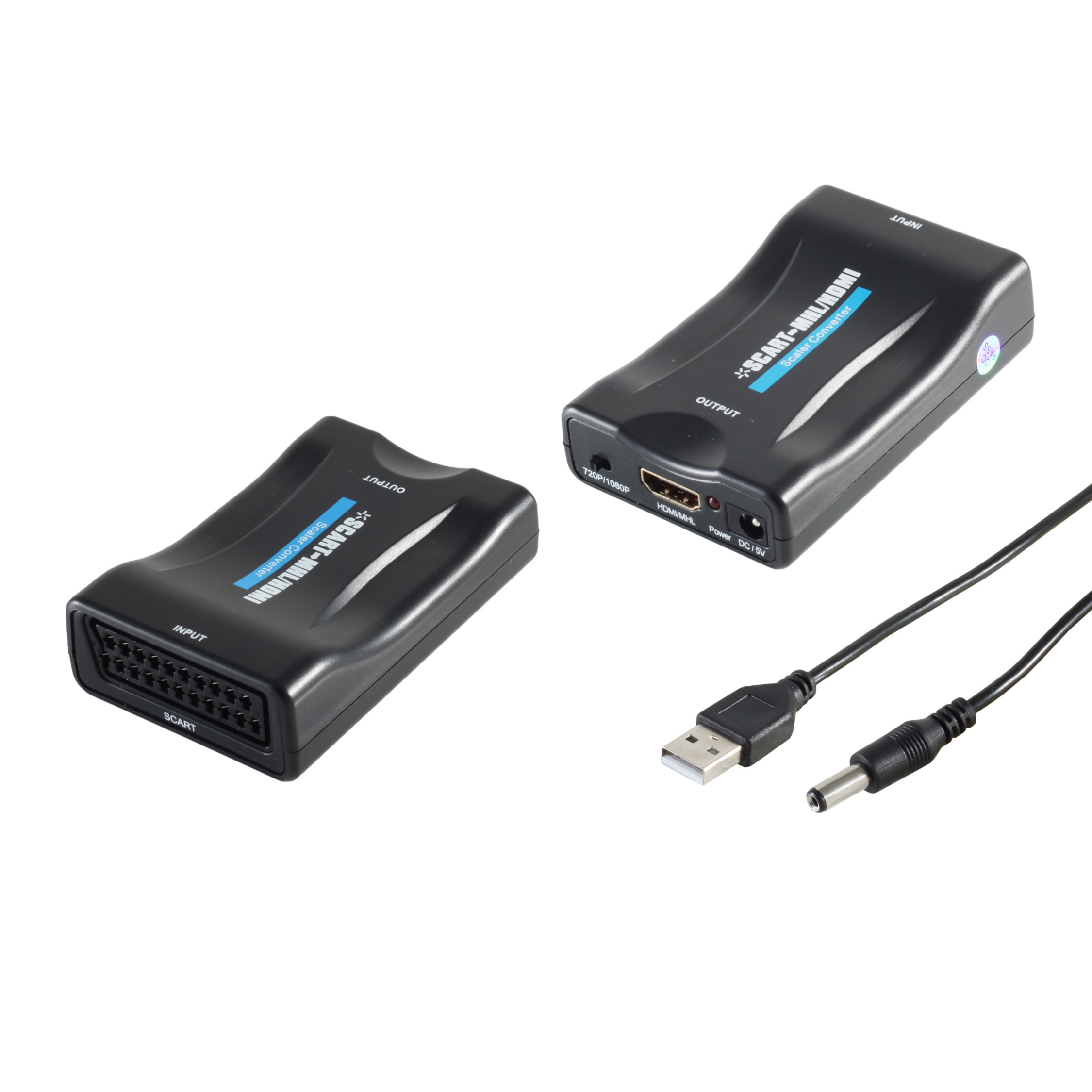 Zwei schwarze SCART-zu-HDMI-Konverter auf weißer Oberfläche. Einer hat Kabel und einen USB-Anschluss.