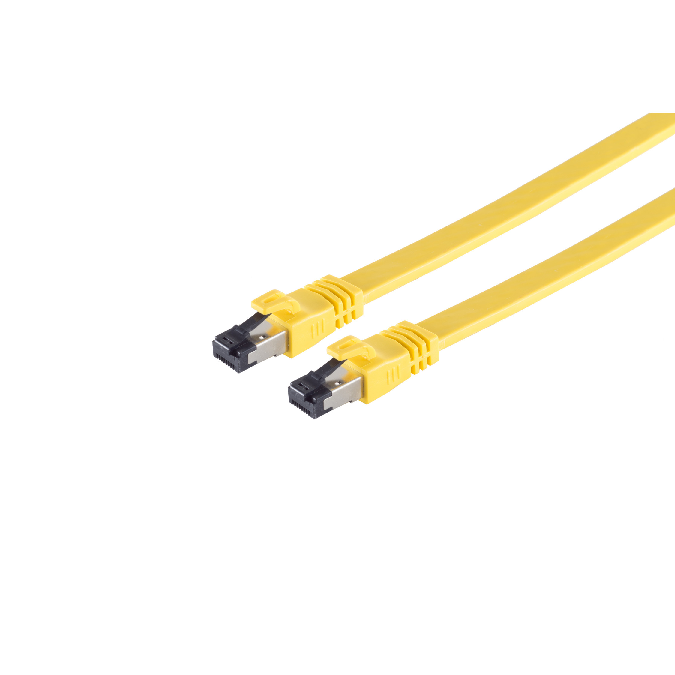 Zwei gelbe Netzwerkkabel mit schwarzen Steckern auf weißem Hintergrund.