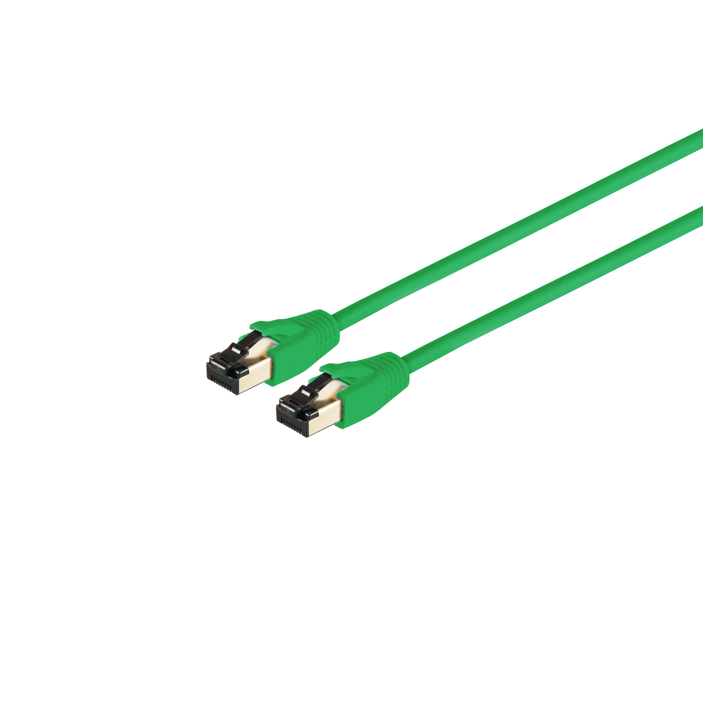 Zwei grüne Ethernet-Kabel mit silbernen Steckern.