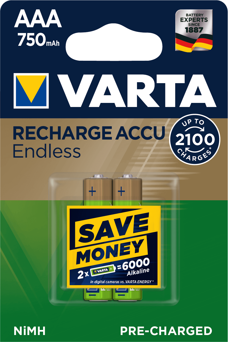 Akku (2er 1.2 NiMH, 750mAh VARTA Recharge Blister) Volt, 0.75 Endless NiMH Ah AAA Akku Recharge NiMH Endless,