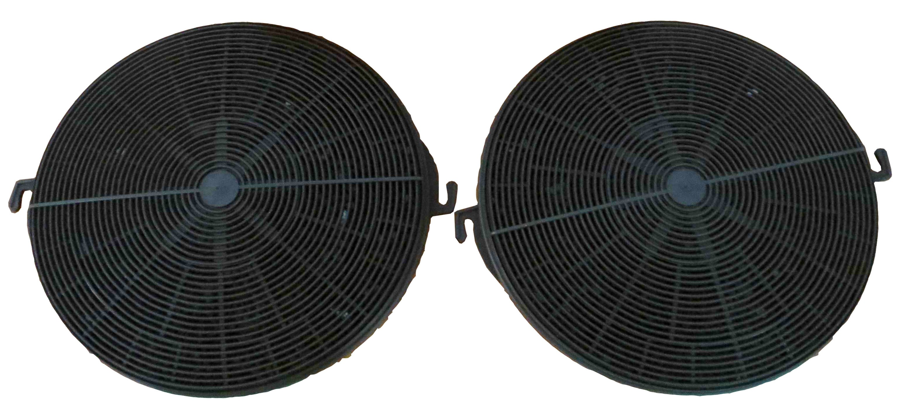 Zwei kreisförmige schwarze Aktivkohlefilter mit konzentrischen Ringen, für eine Dunstabzugshaube.