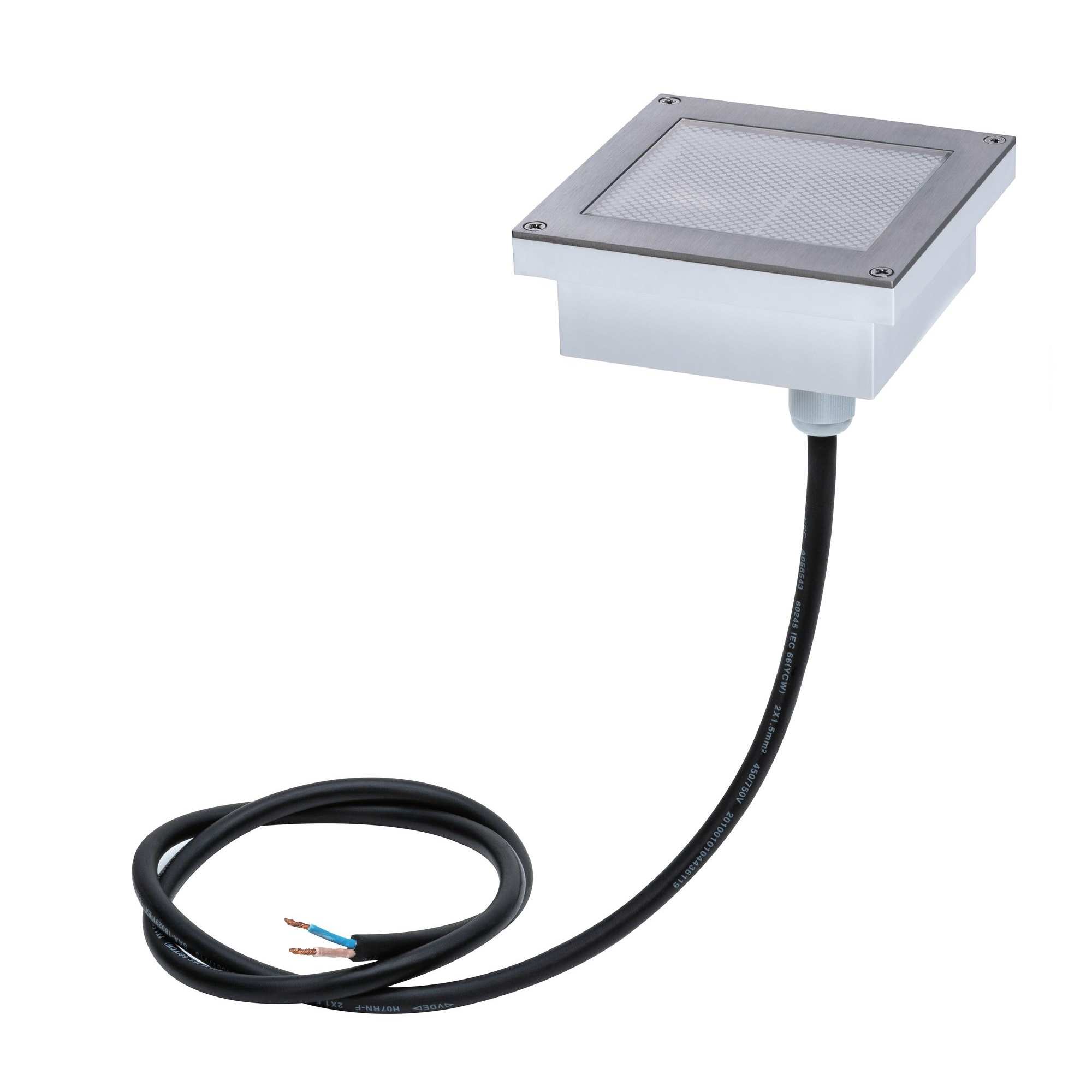 Biała wpuszczana lampa LED do użytku zewnętrznego z czarnym kablem i otwartymi przewodami.