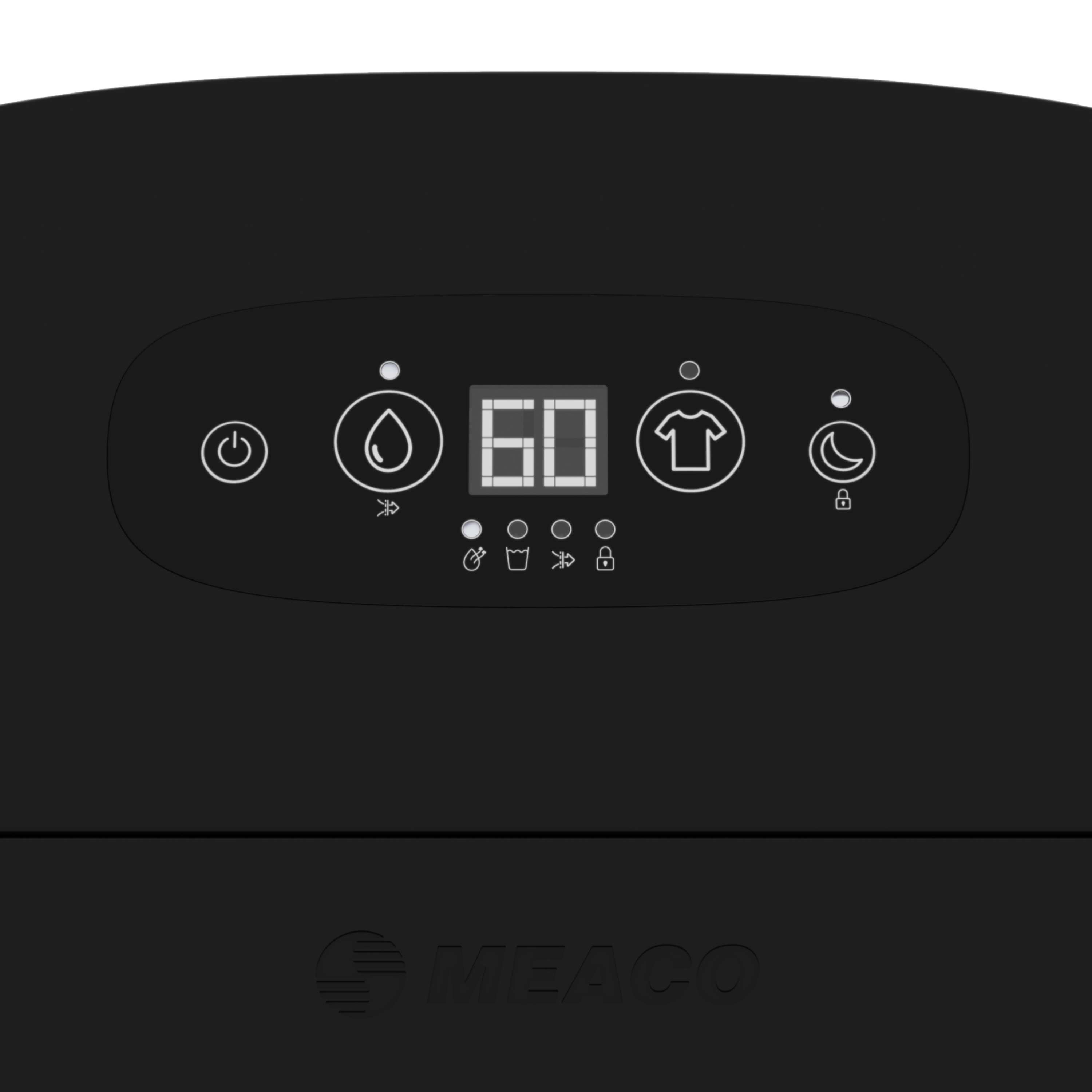 Czarny panel sterowania z cyfrowym wyświetlaczem pokazującym „60” i kilkoma podświetlonymi ikonami. Tło jest czarne.