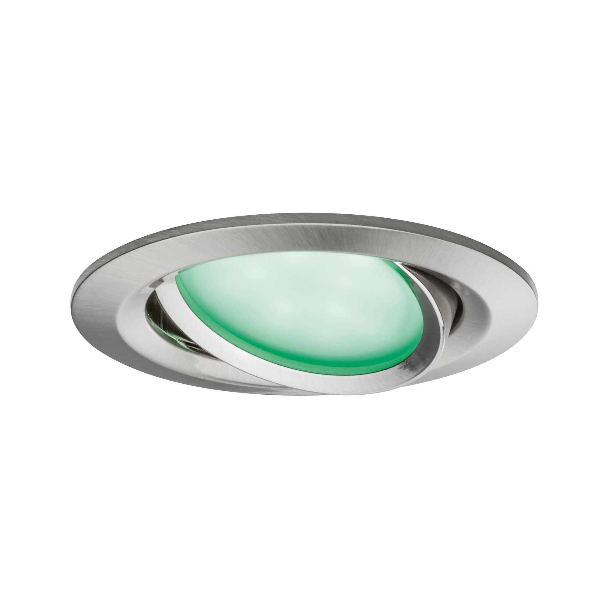 Ein Einbaustrahler mit silberner Blende und grüner, ovaler Lichtquelle.