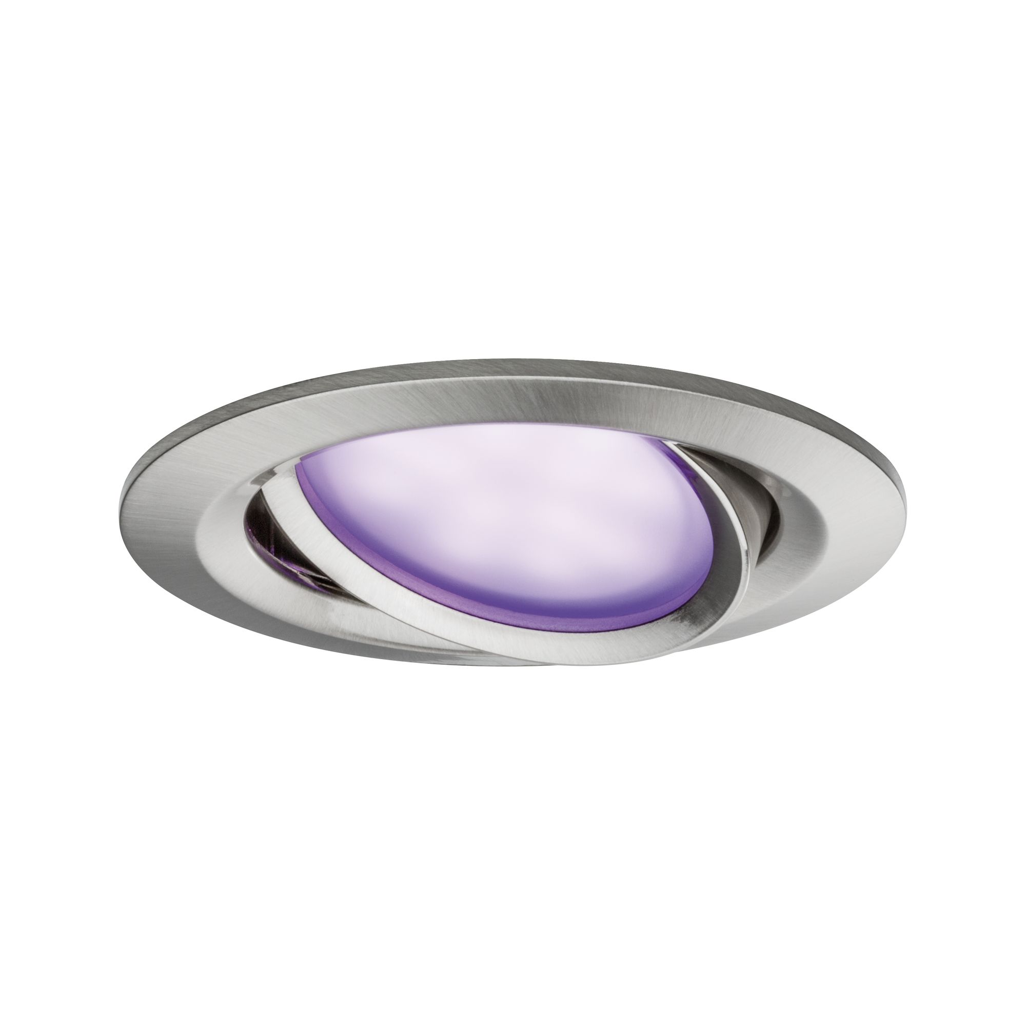 Einbau-Deckenleuchte mit silbernem Rahmen und violettem Lichtzentrum.