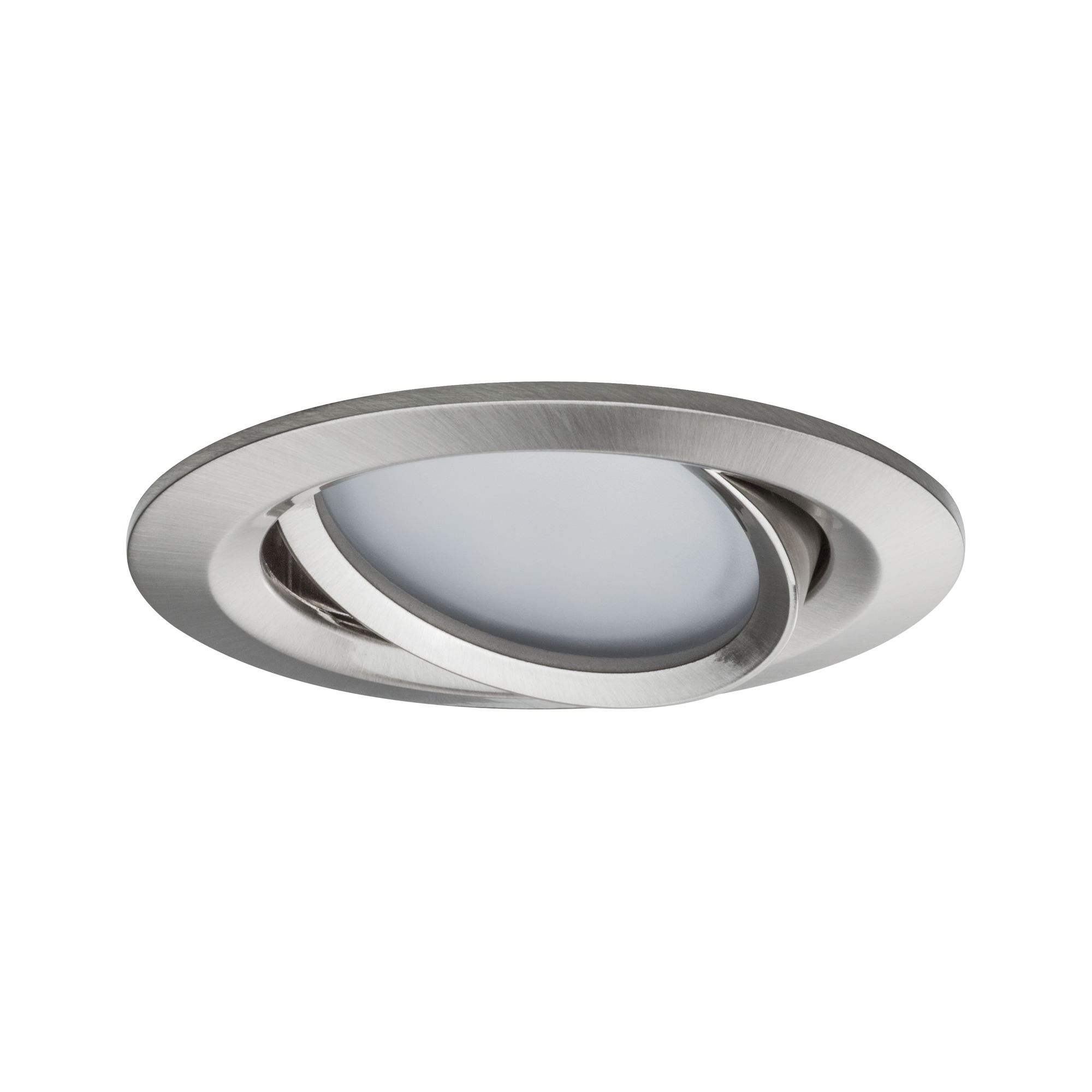 Eine metallische Einbau-Deckenleuchte mit geschwungenem Design und weißer Lichtquelle.