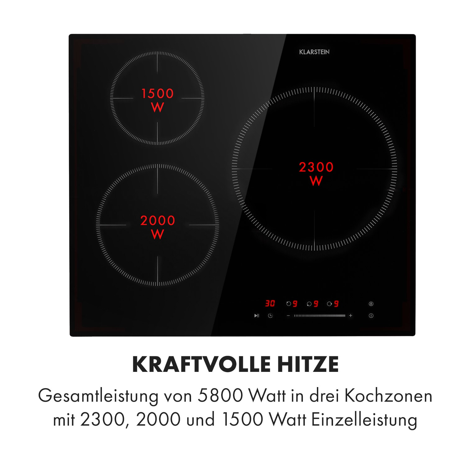 Schwarzes Induktionskochfeld mit drei Kochzonen. Zeigt Leistungsabgaben: 1500W, 2000W und 2300W.
