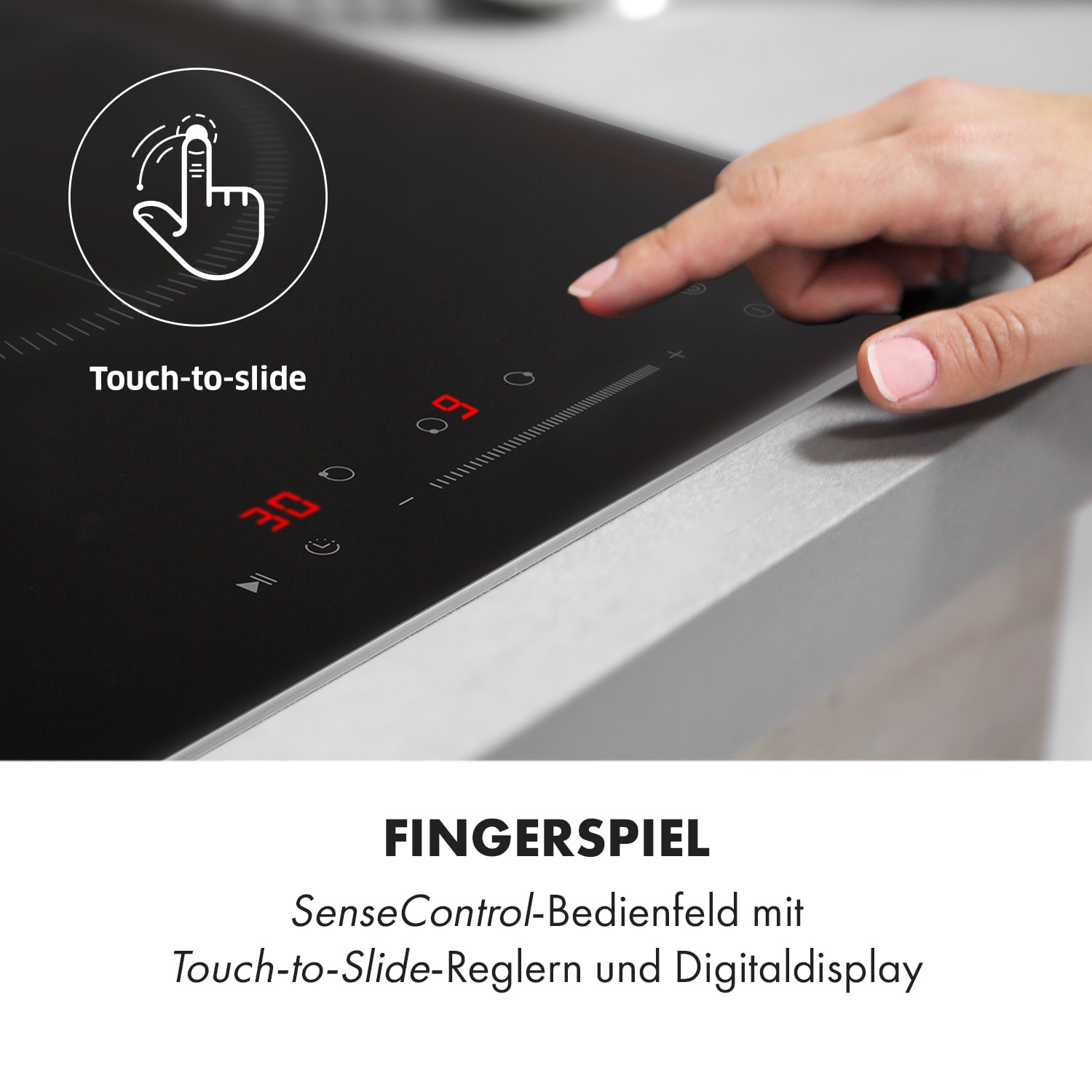Der Finger einer Person berührt das Touch-Bedienfeld eines schwarzen Kochfelds.