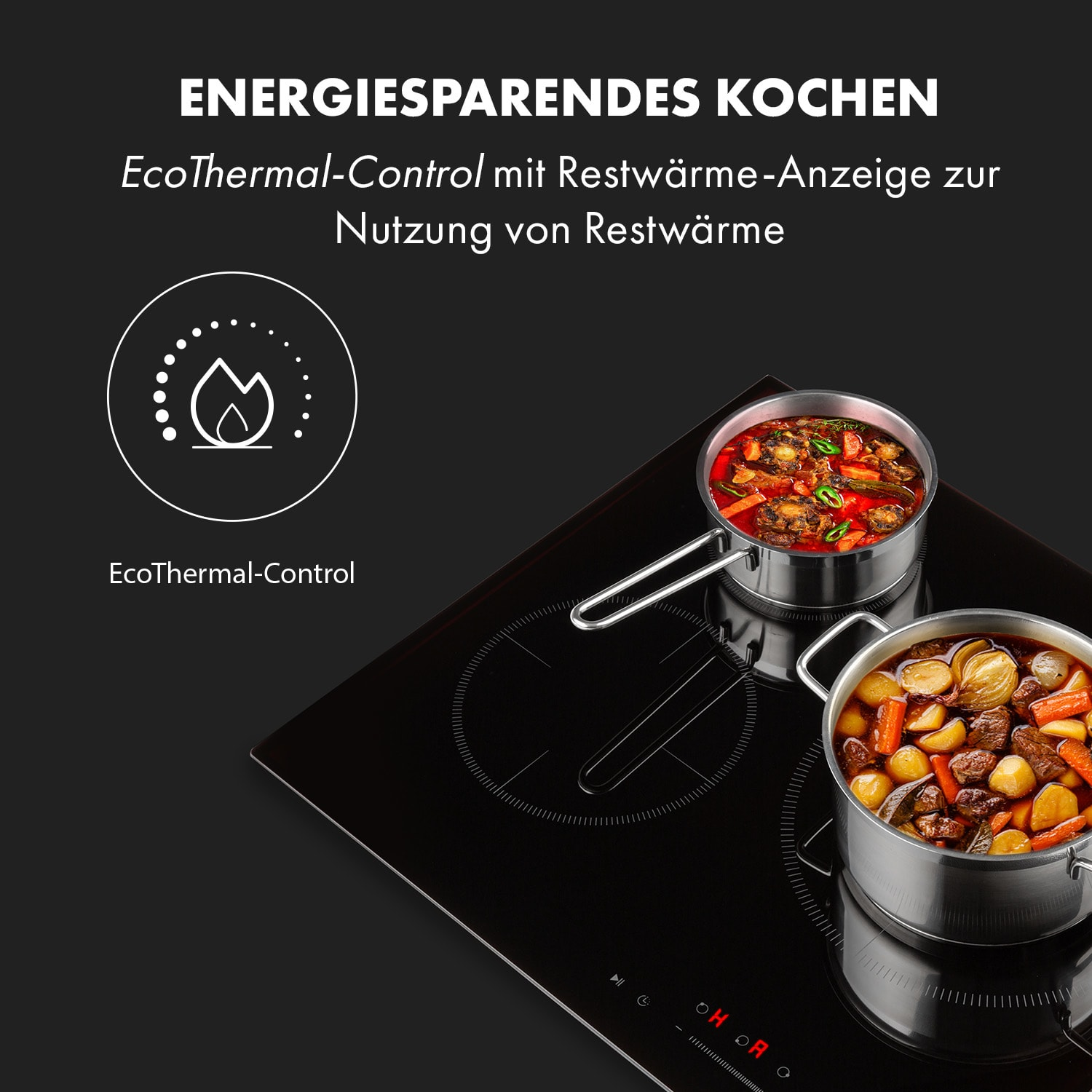 Zwei Töpfe mit Essen auf einem schwarzen Induktionskochfeld, mit Text über energiesparendes Kochen.
