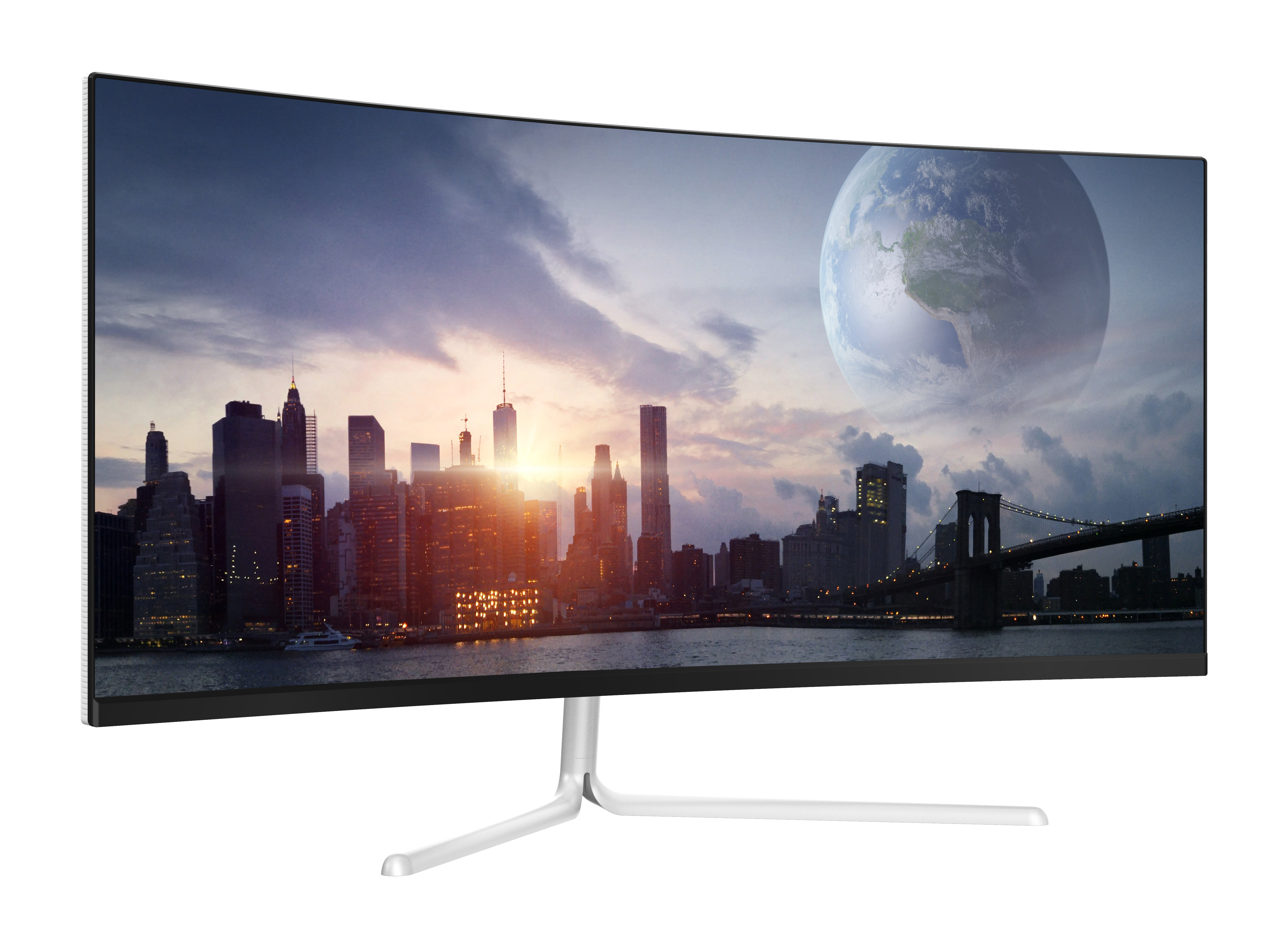 Gebogen computermonitor met een skyline en een planeet op de achtergrond.