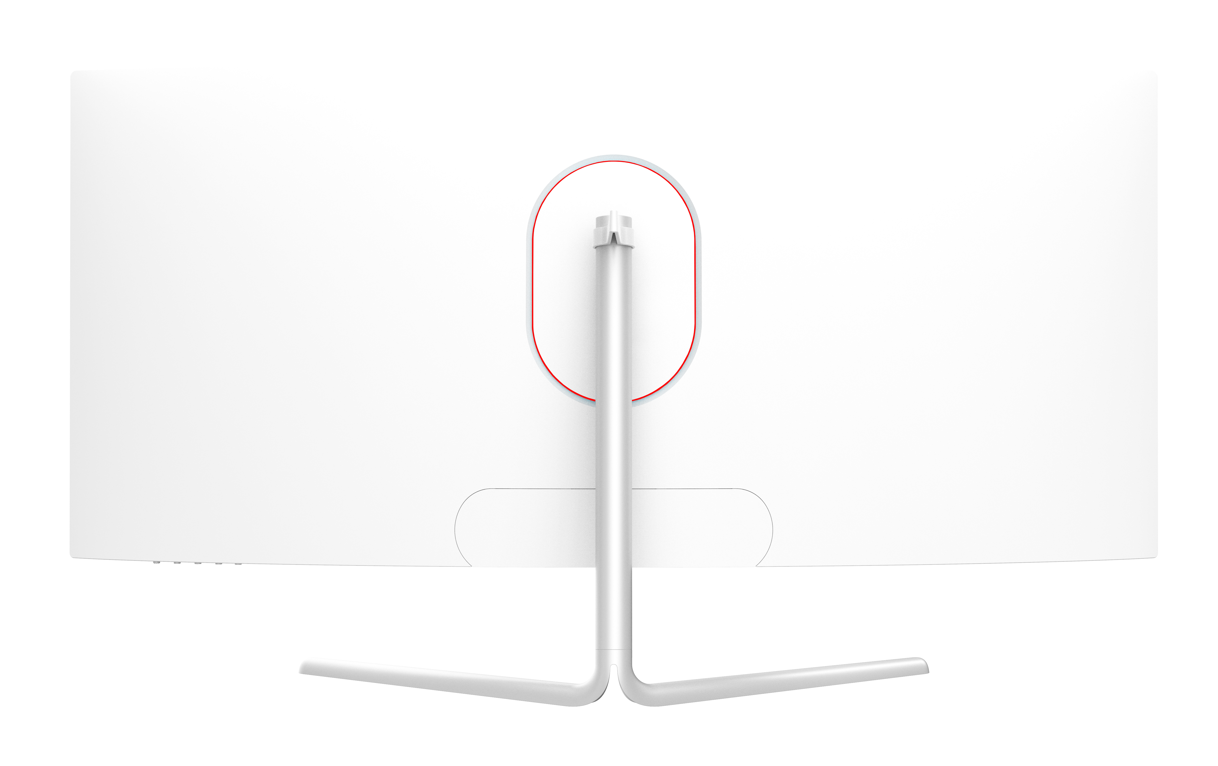 Witte computermonitor met een rode ring op de standaard, achteraanzicht.