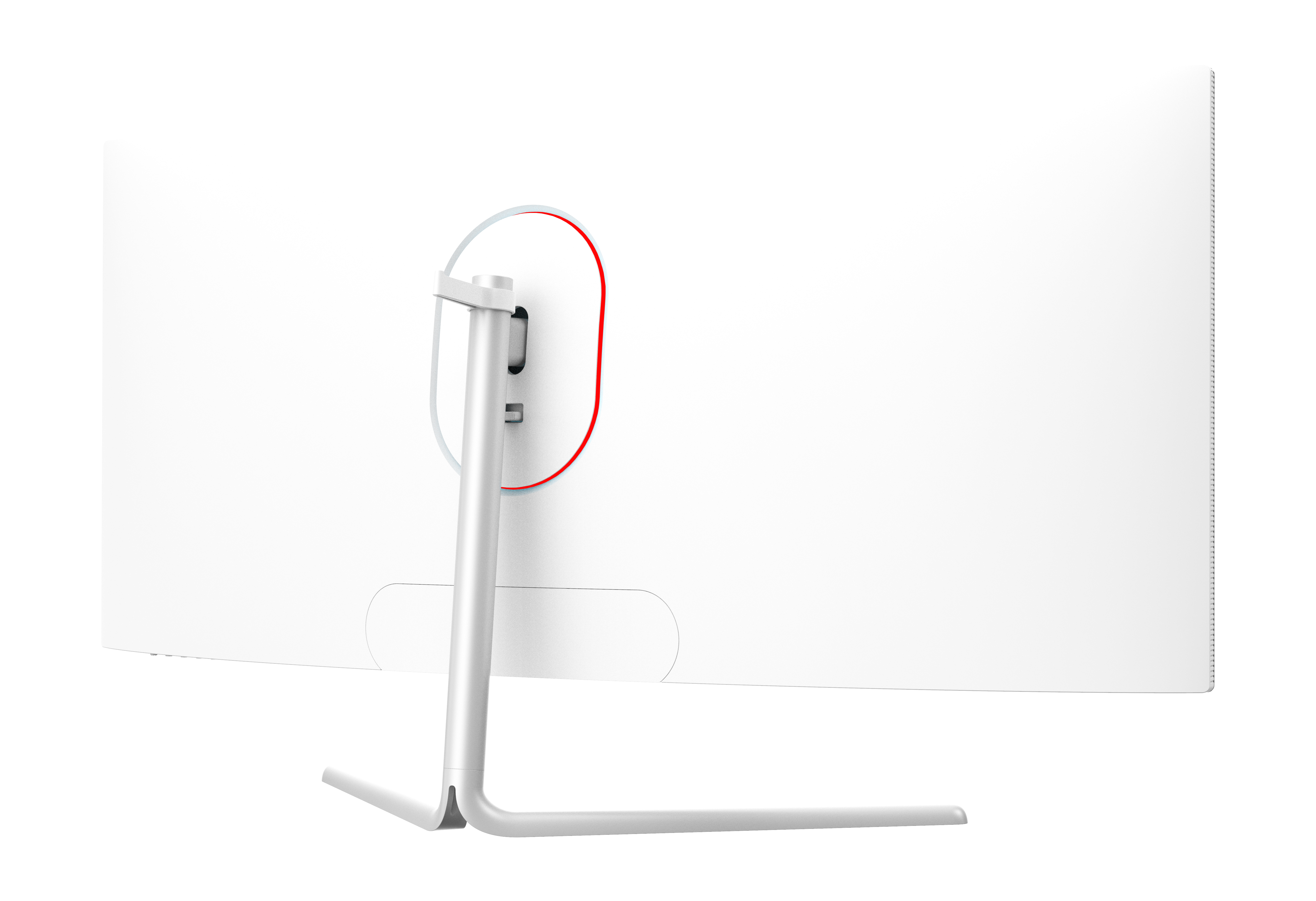 De achterkant van een witte gebogen monitor met een zilveren standaard en een rode accent bij het poortgebied.