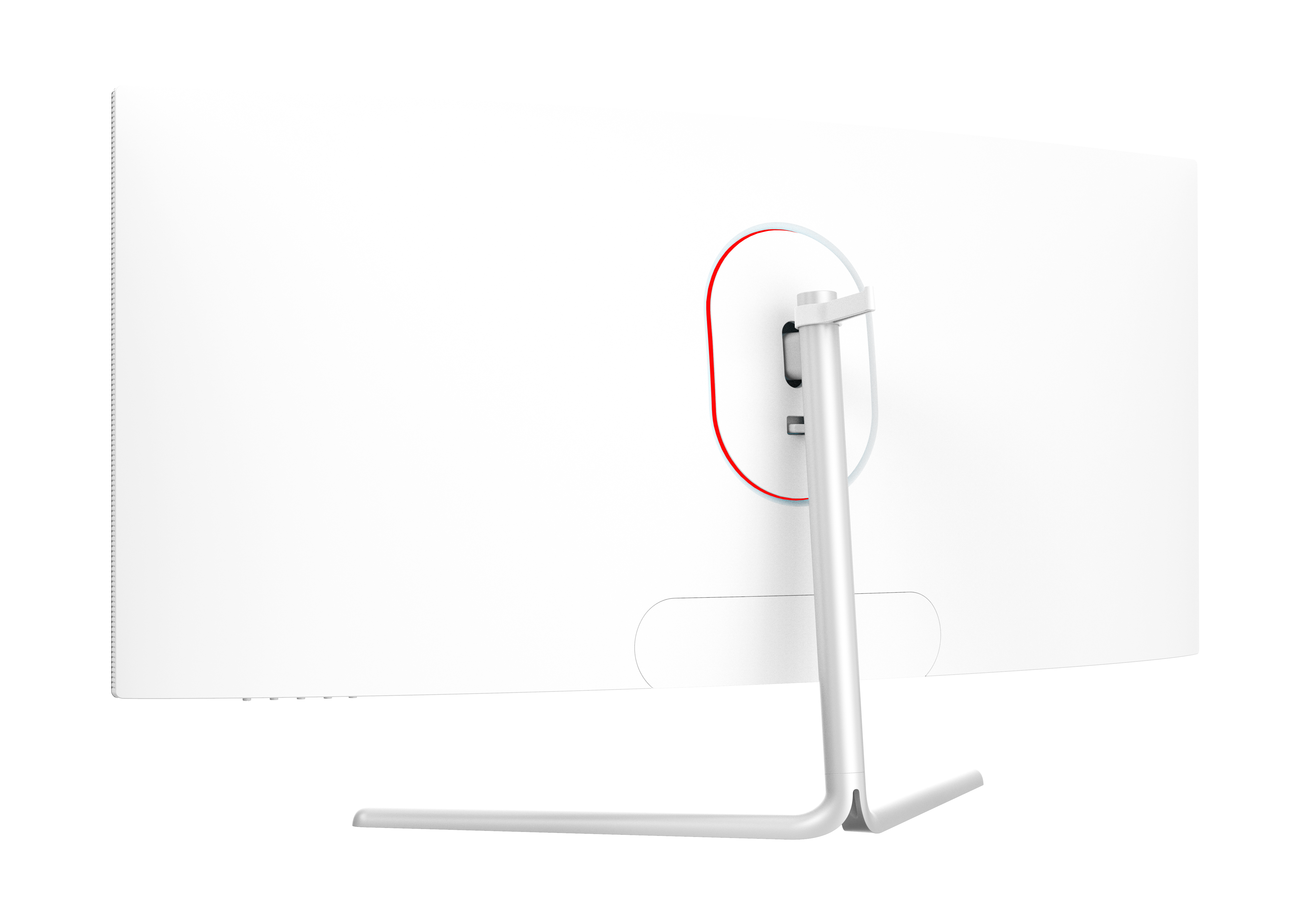 Witte gebogen monitor, achteraanzicht. Voorzien van een standaard en een rood geaccentueerde poort.