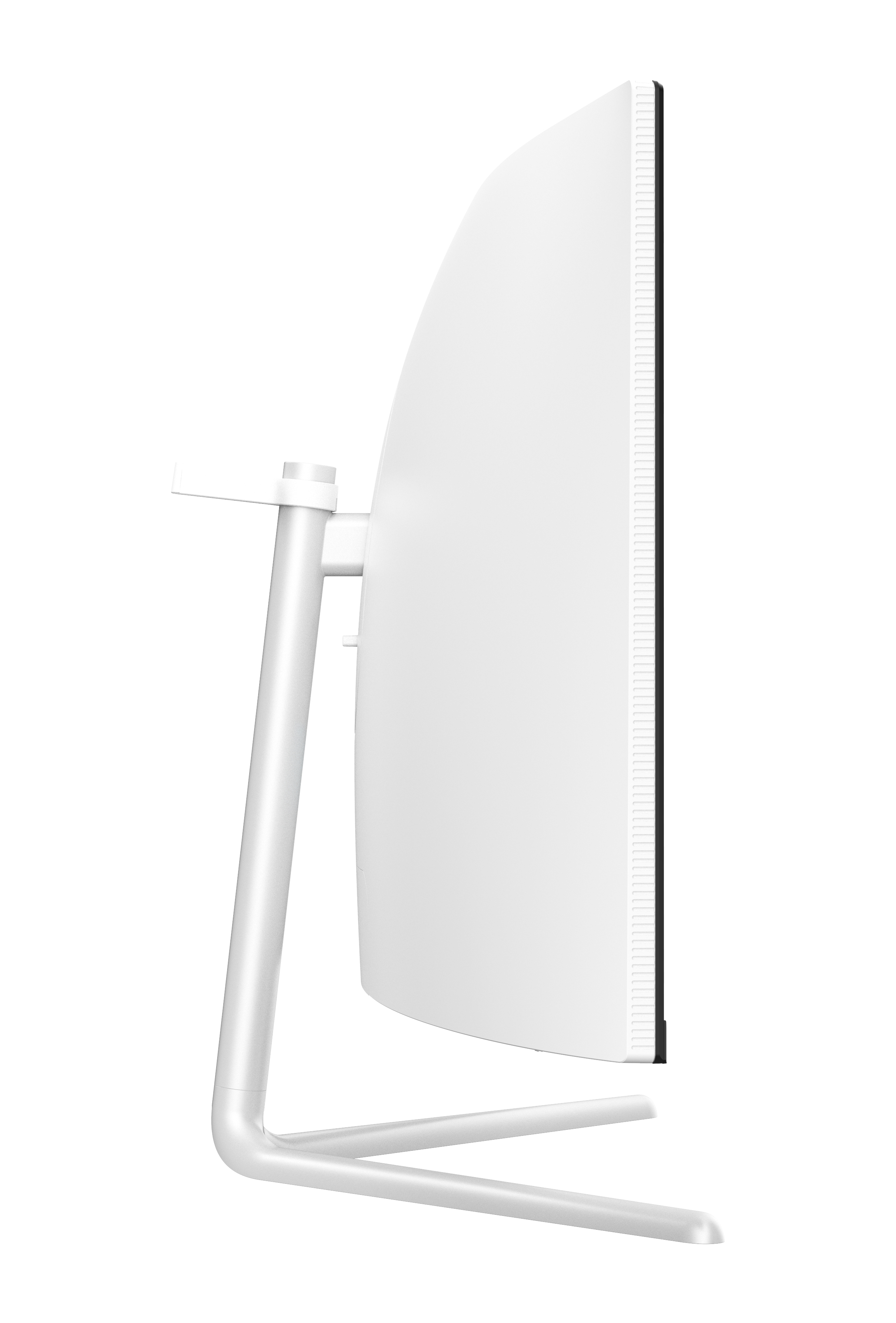 Witte gebogen monitor met een standaard. Het scherm is helder wit.