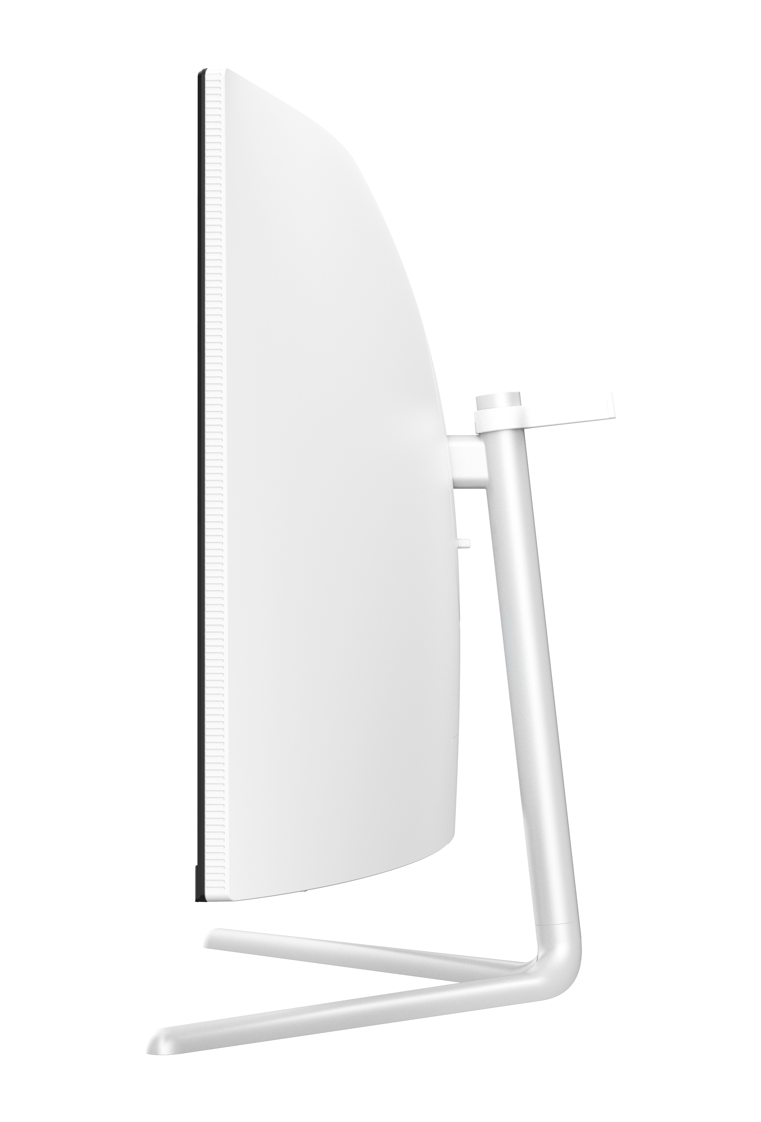 Zijaanzicht van een gebogen witte computermonitor op een witte standaard.