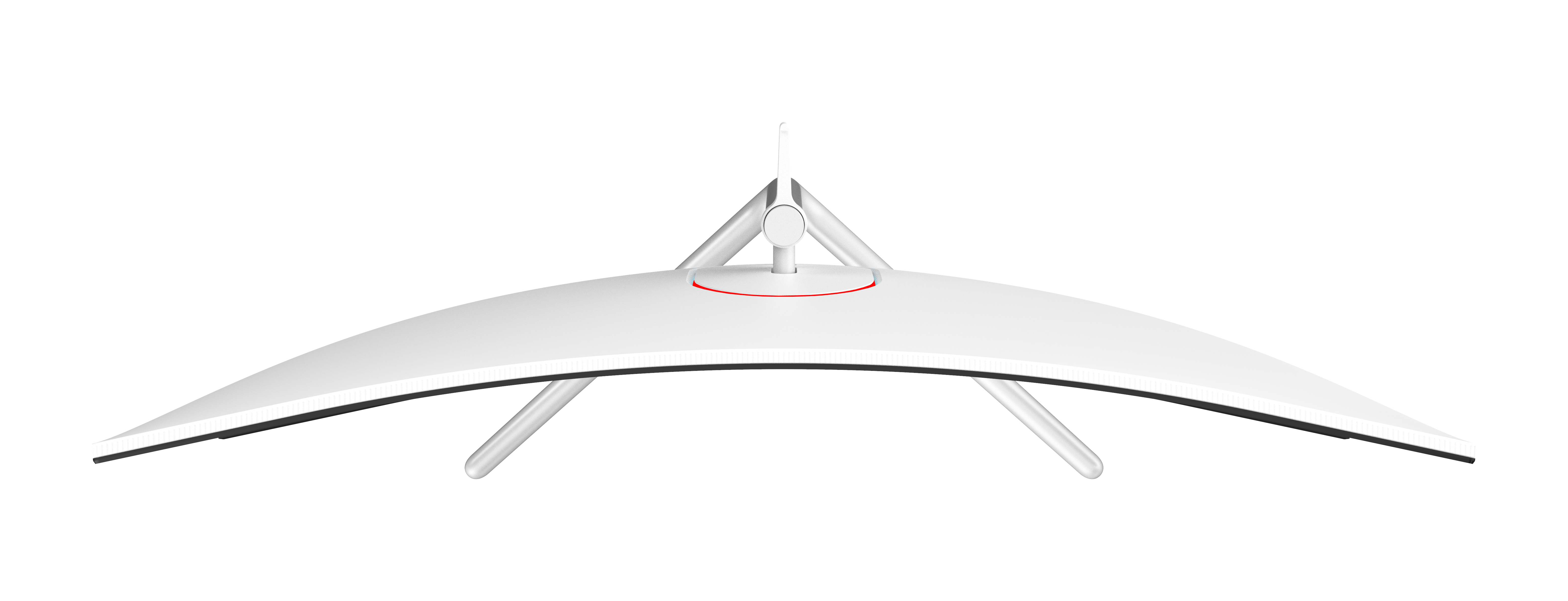 Gebogen witte computermonitor van bovenaf, met zilveren standaards.