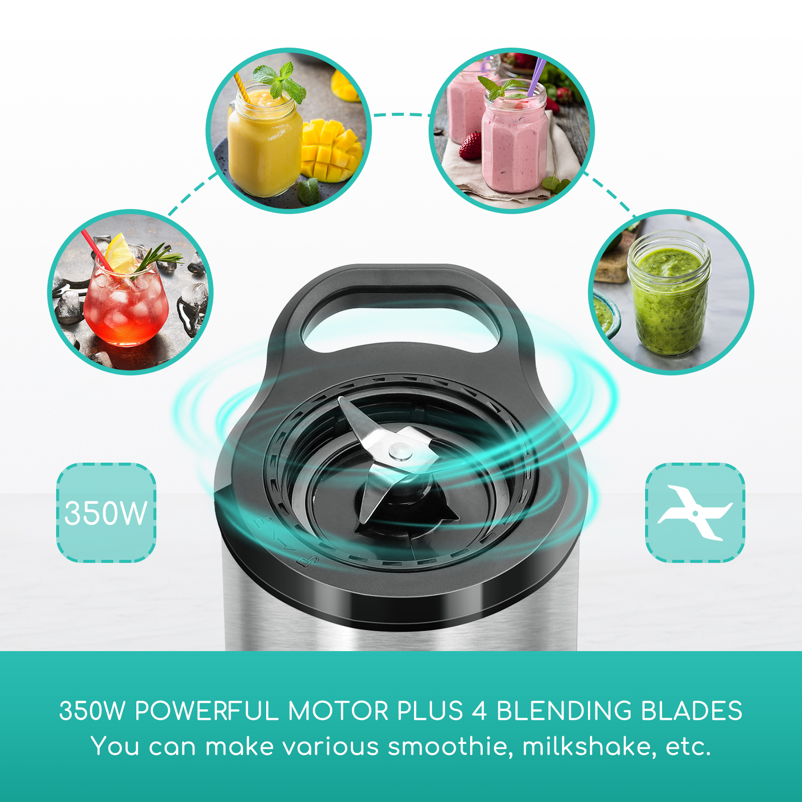Ein Mixer mit Klingen und Smoothies in Gläsern, mit 350W Leistungsanzeige.