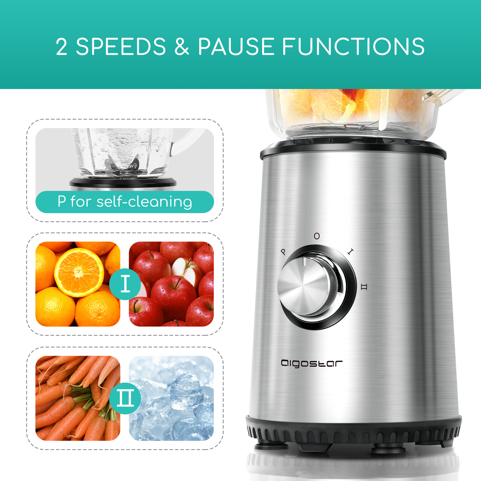 Silberner Mixer mit Drehknopf und drei Funktionssymbolen, mit Bildern von Früchten, Gemüse und Eis.