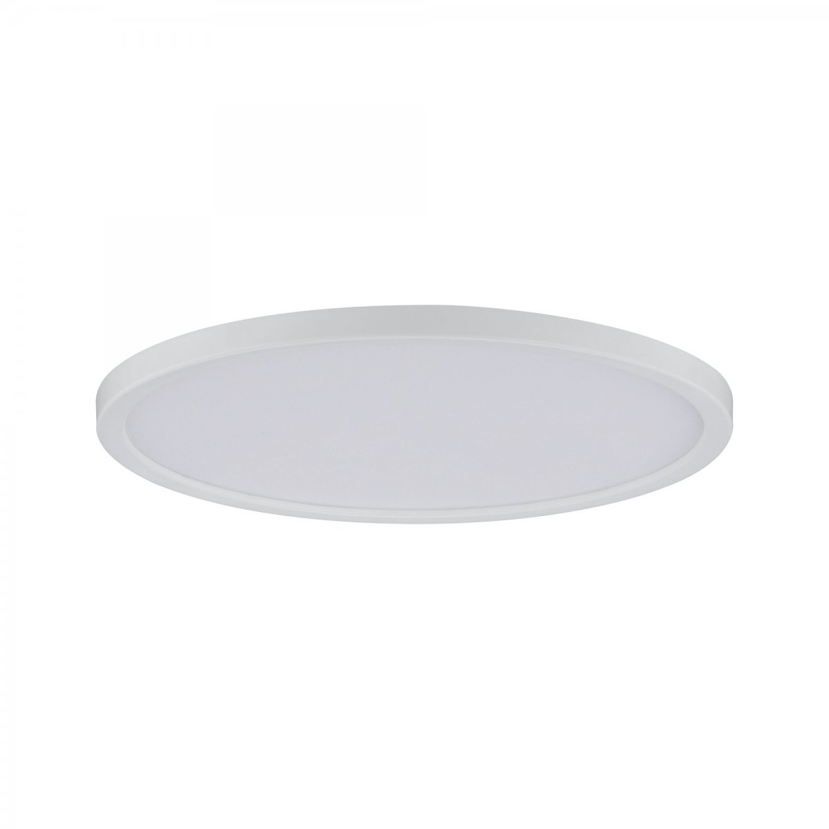 Lampada da soffitto a LED bianca, rotonda e piatta, design semplice, isolata su sfondo bianco.