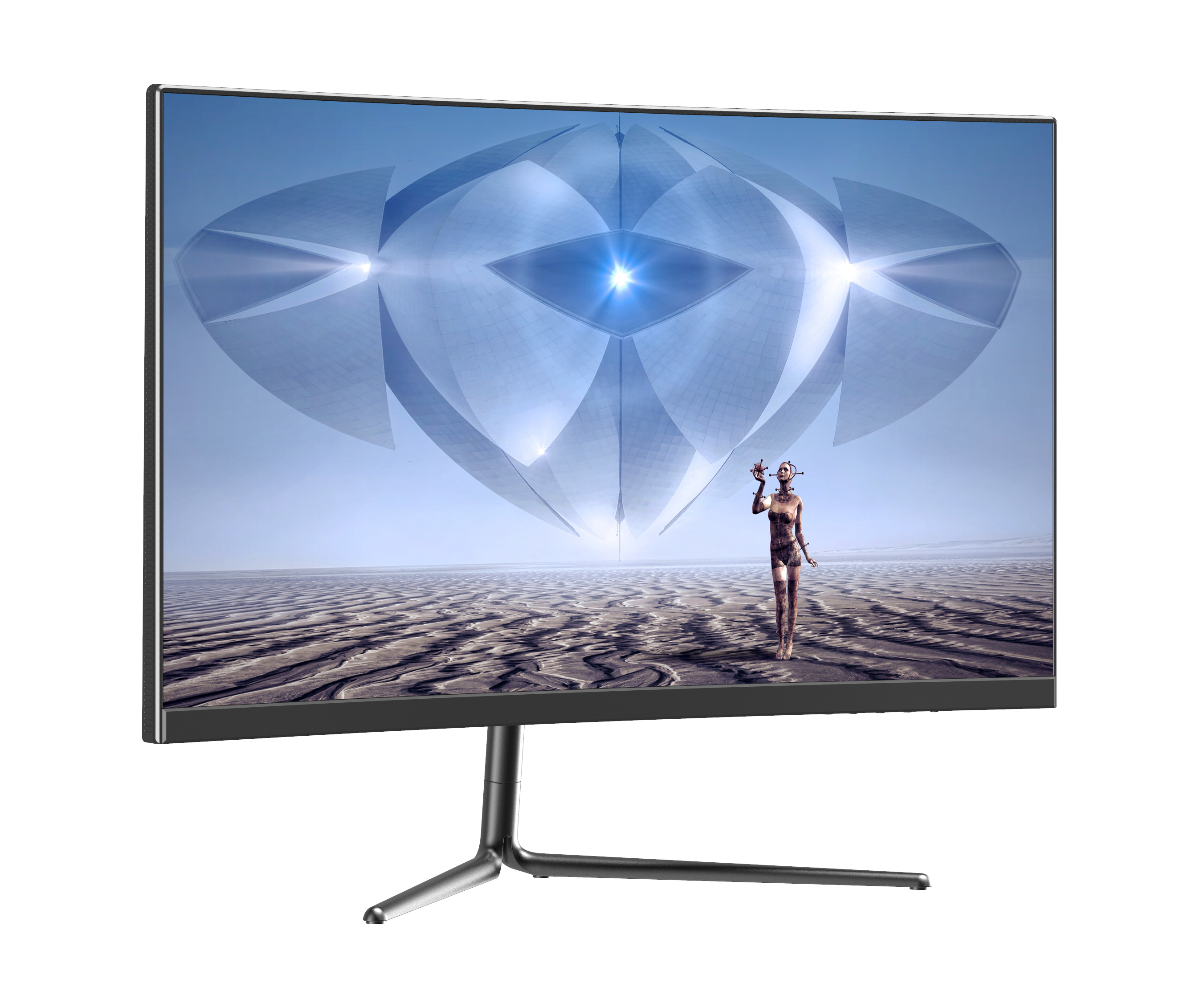 Zakrzywiony monitor z abstrakcyjnym obrazem, postać na piaszczystej powierzchni.