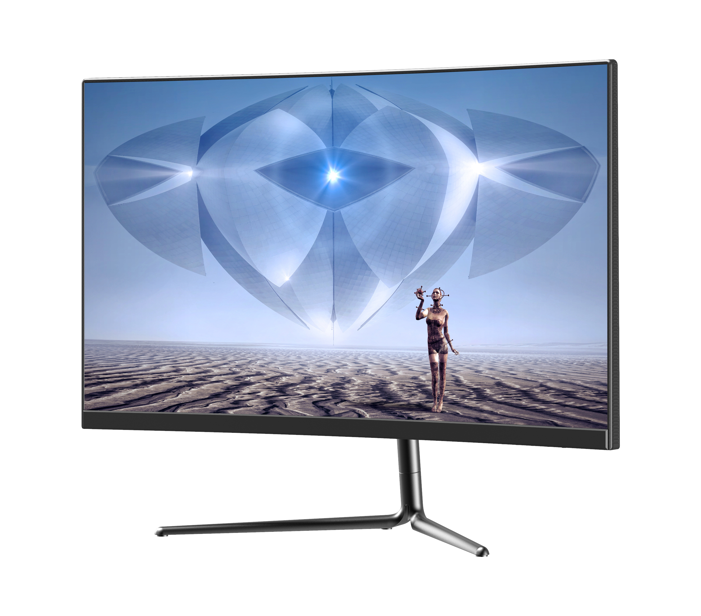 Monitor komputera wyświetlający futurystyczną scenę z postacią na piaszczystej planecie.