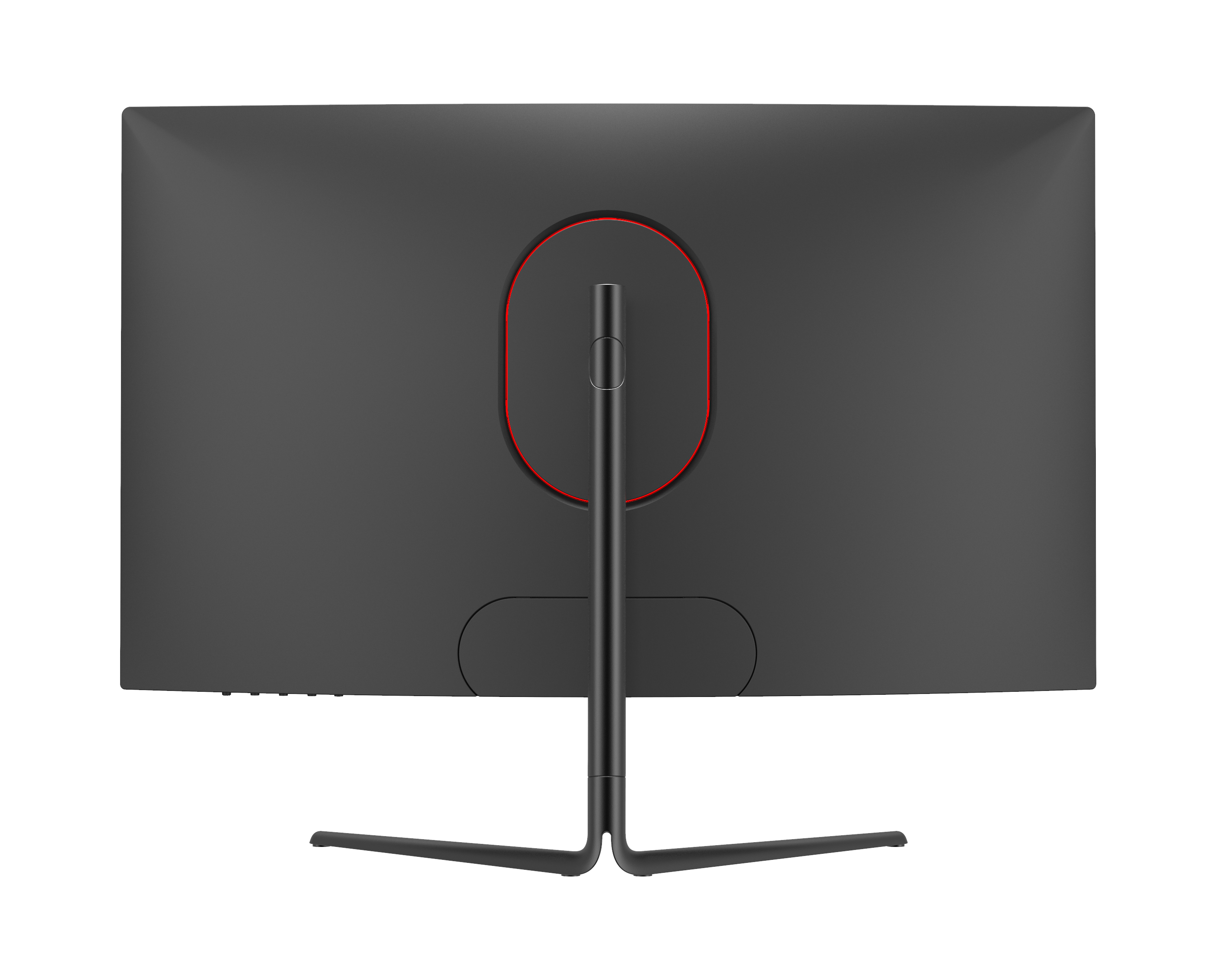 Tył czarnego monitora komputerowego z czerwonym okręgiem wokół podstawy.