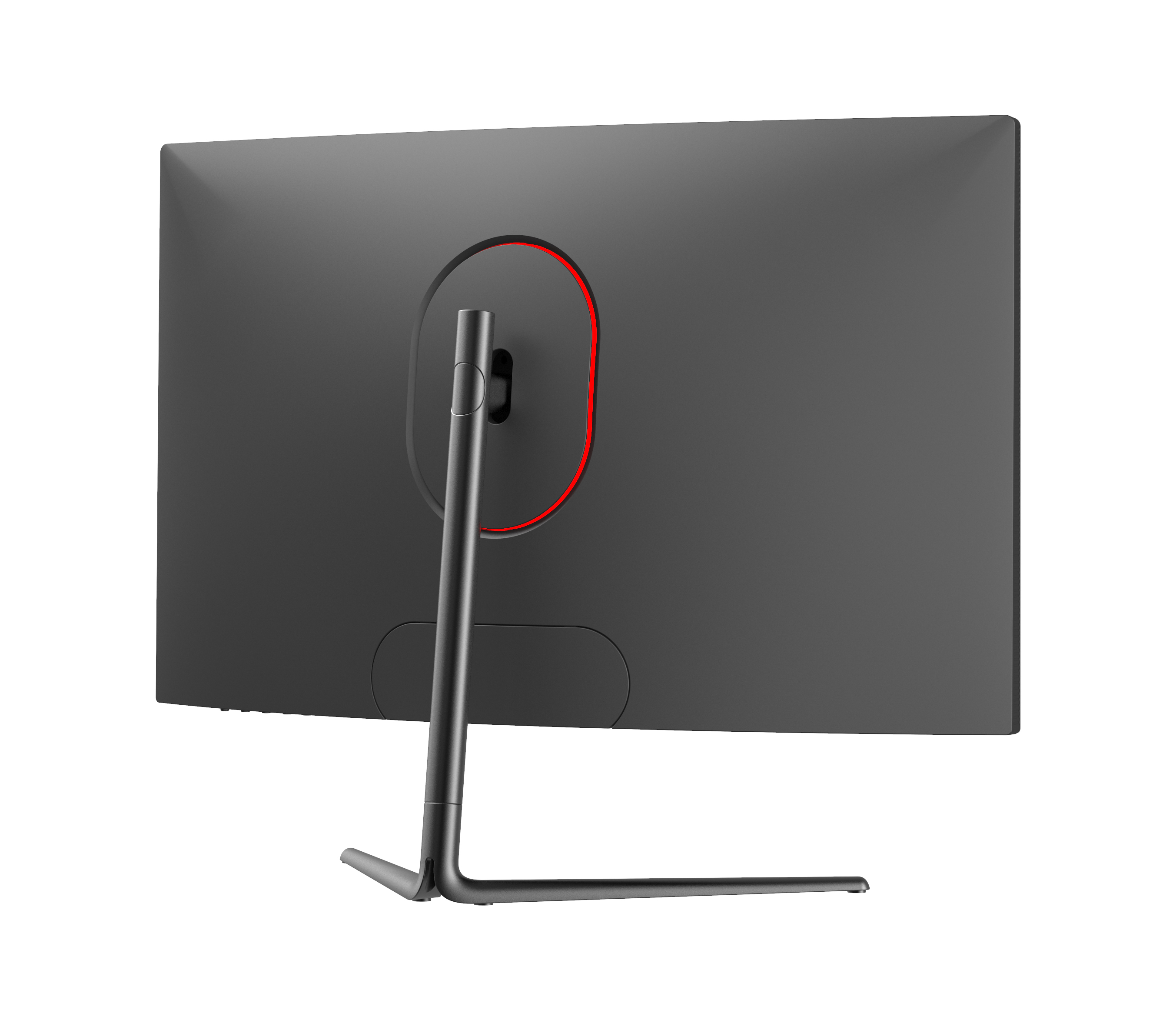 Widok z tyłu czarnego monitora komputera z czerwonym okręgiem i podstawą, białe tło.