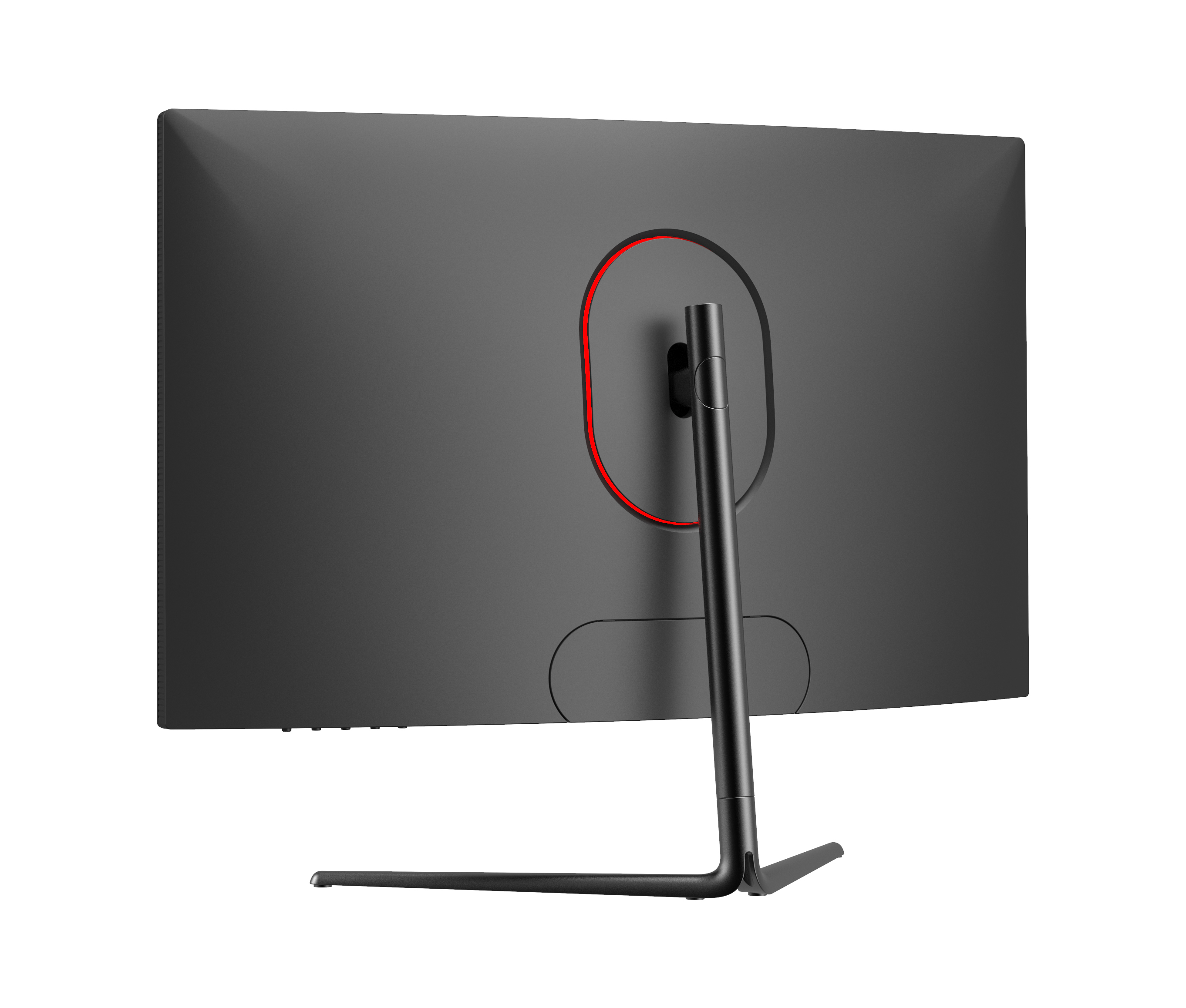 Czarny monitor z czerwonym pierścieniem z tyłu.