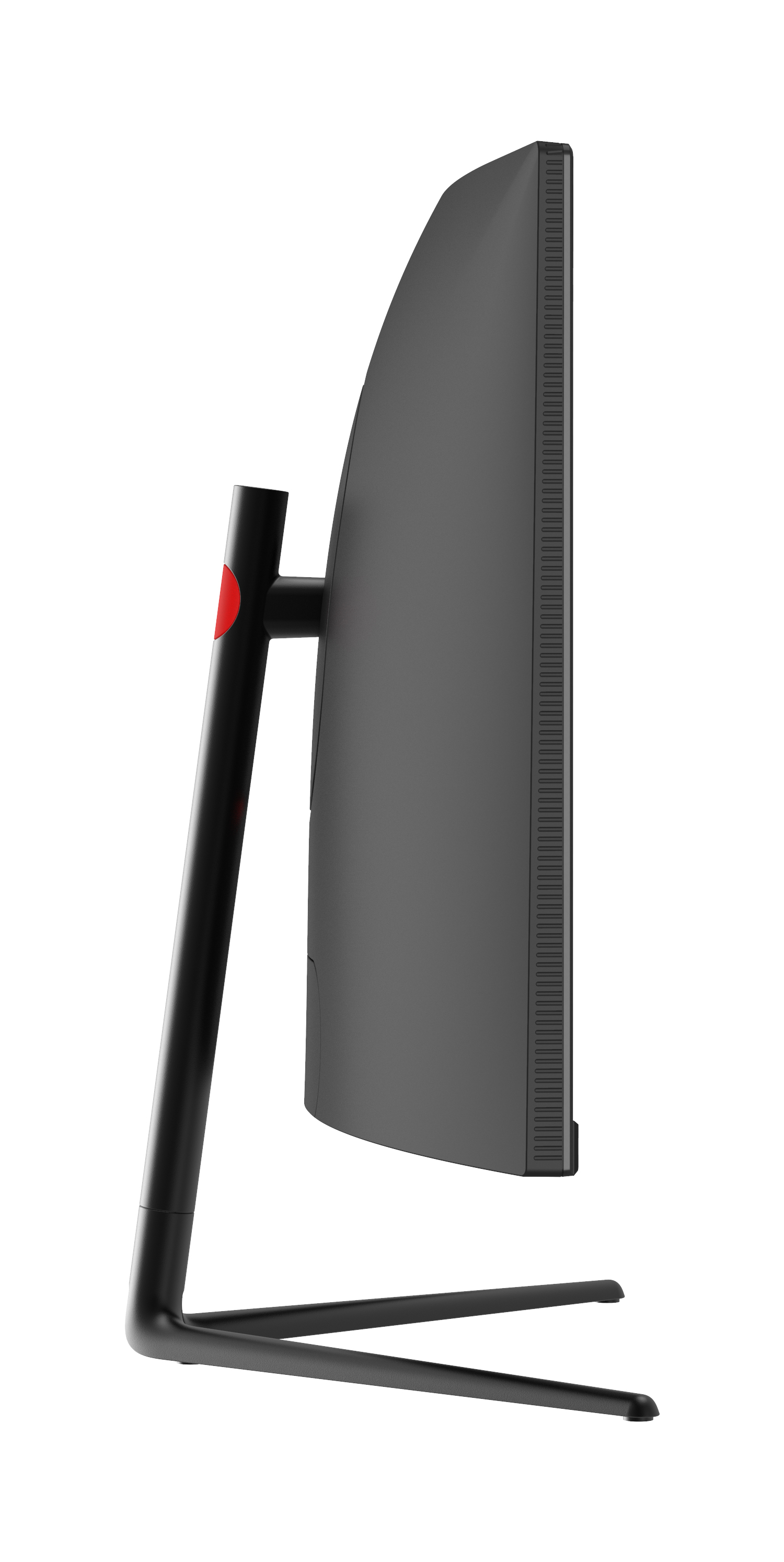 Zakrzywiony monitor. Czarny ekran, stojak i ramka. Czerwone logo na stojaku.