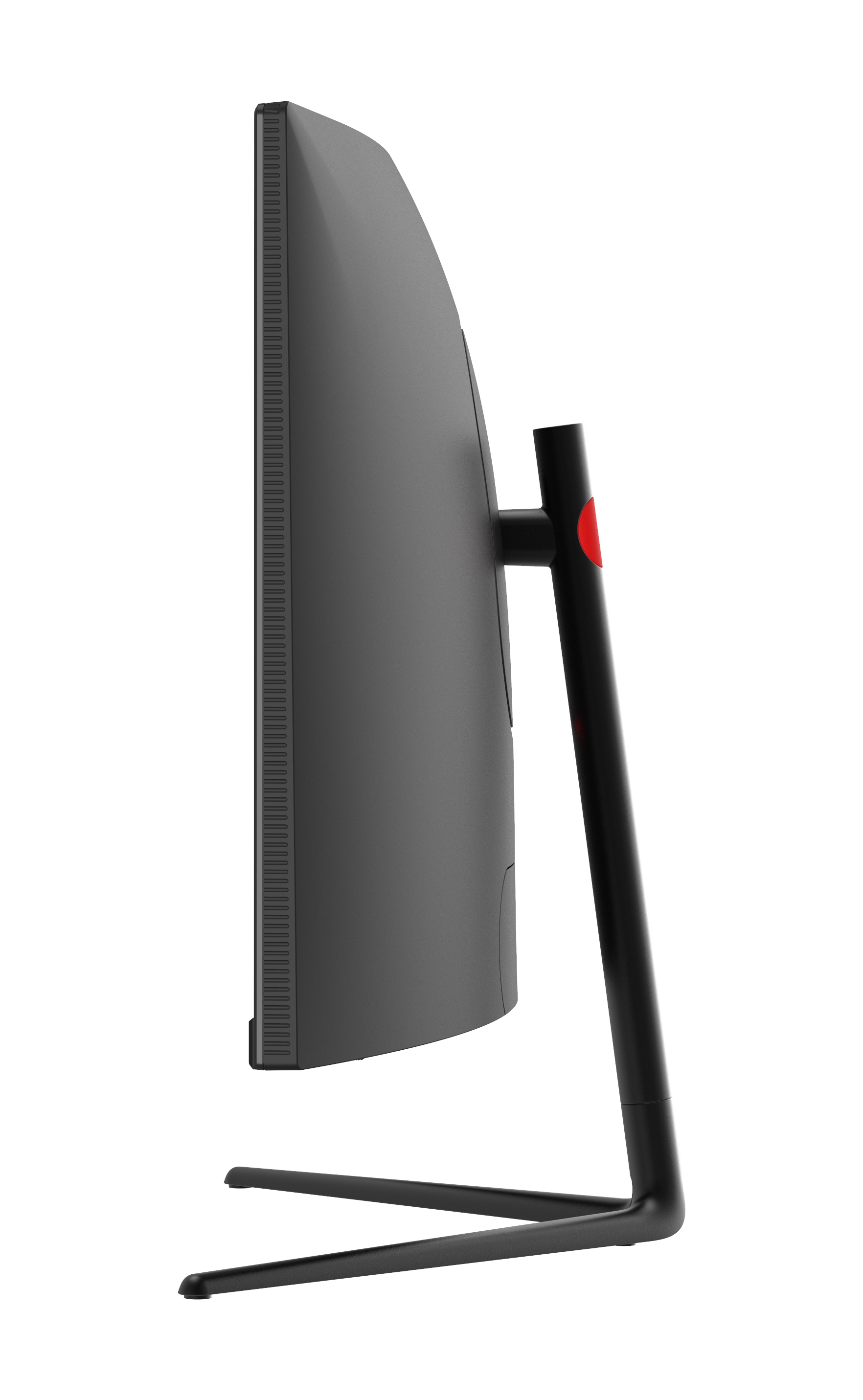 Widok z boku zakrzywionego monitora z czarną podstawą i czerwonym akcentem.