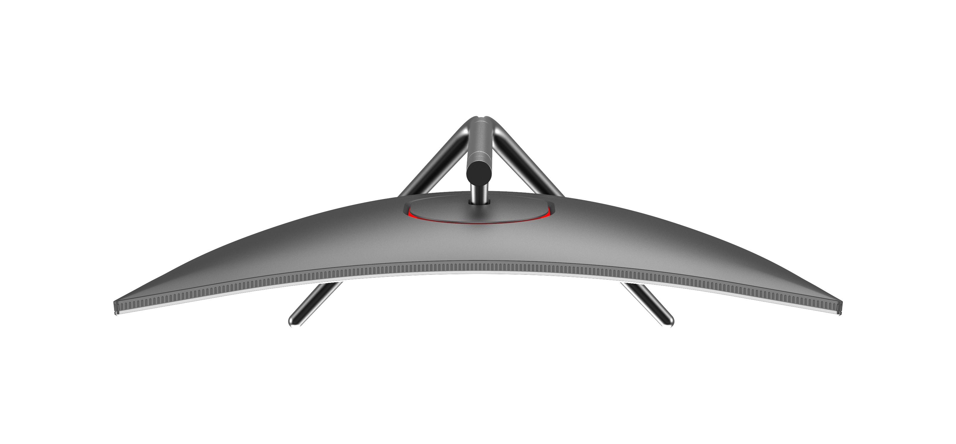 Zakrzywiony monitor komputera widziany z góry, ze srebrną ramką i podstawą.