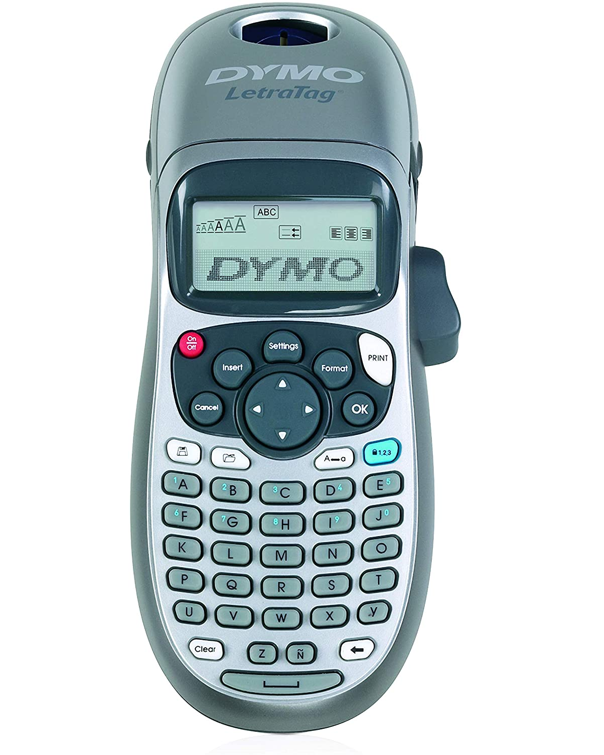Grauer DYMO-Etikettendrucker mit Tastatur, Display und Drucktaste.