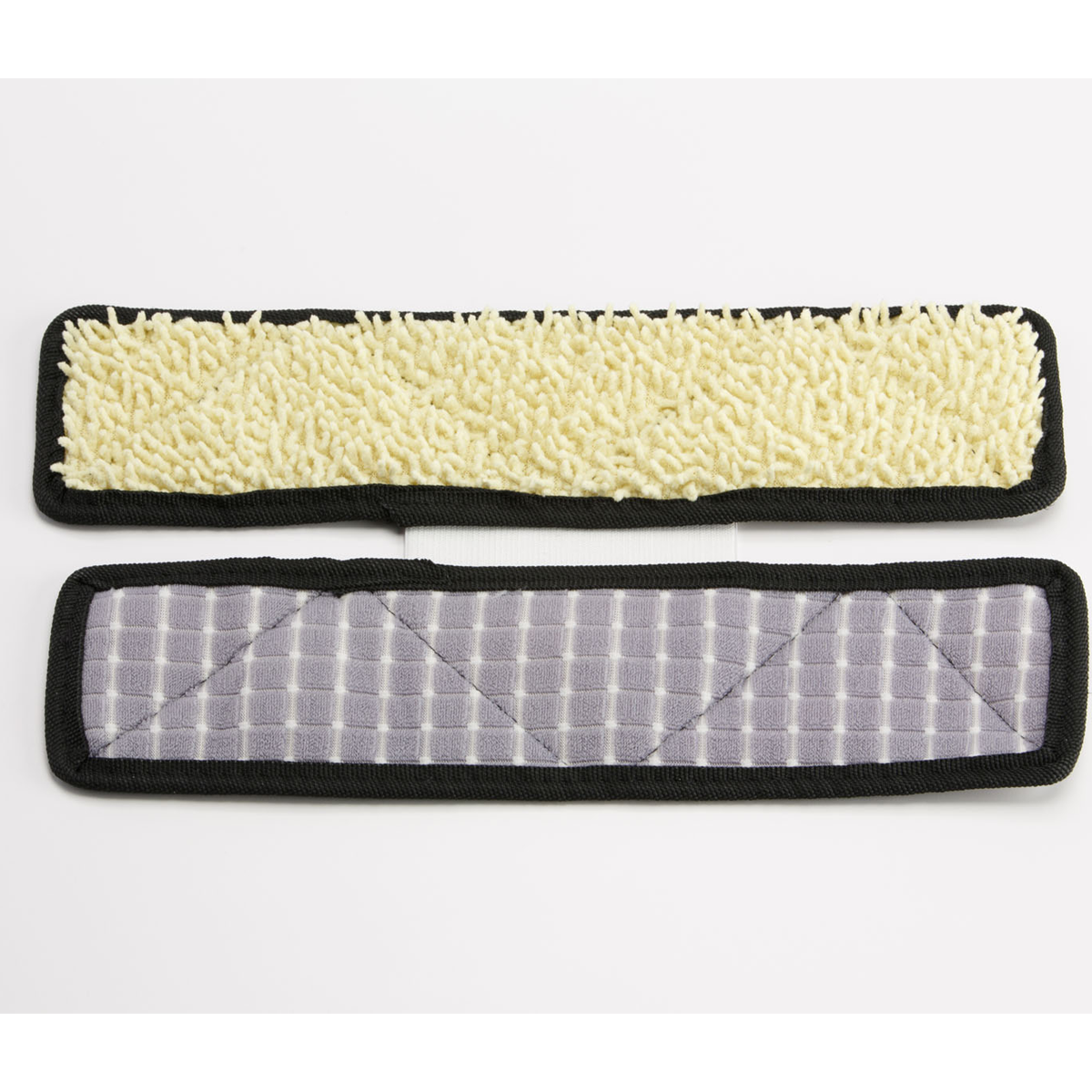 Zwei Mikrofaser-Wischmopp-Pads, gelb und grau, auf weißem Hintergrund.