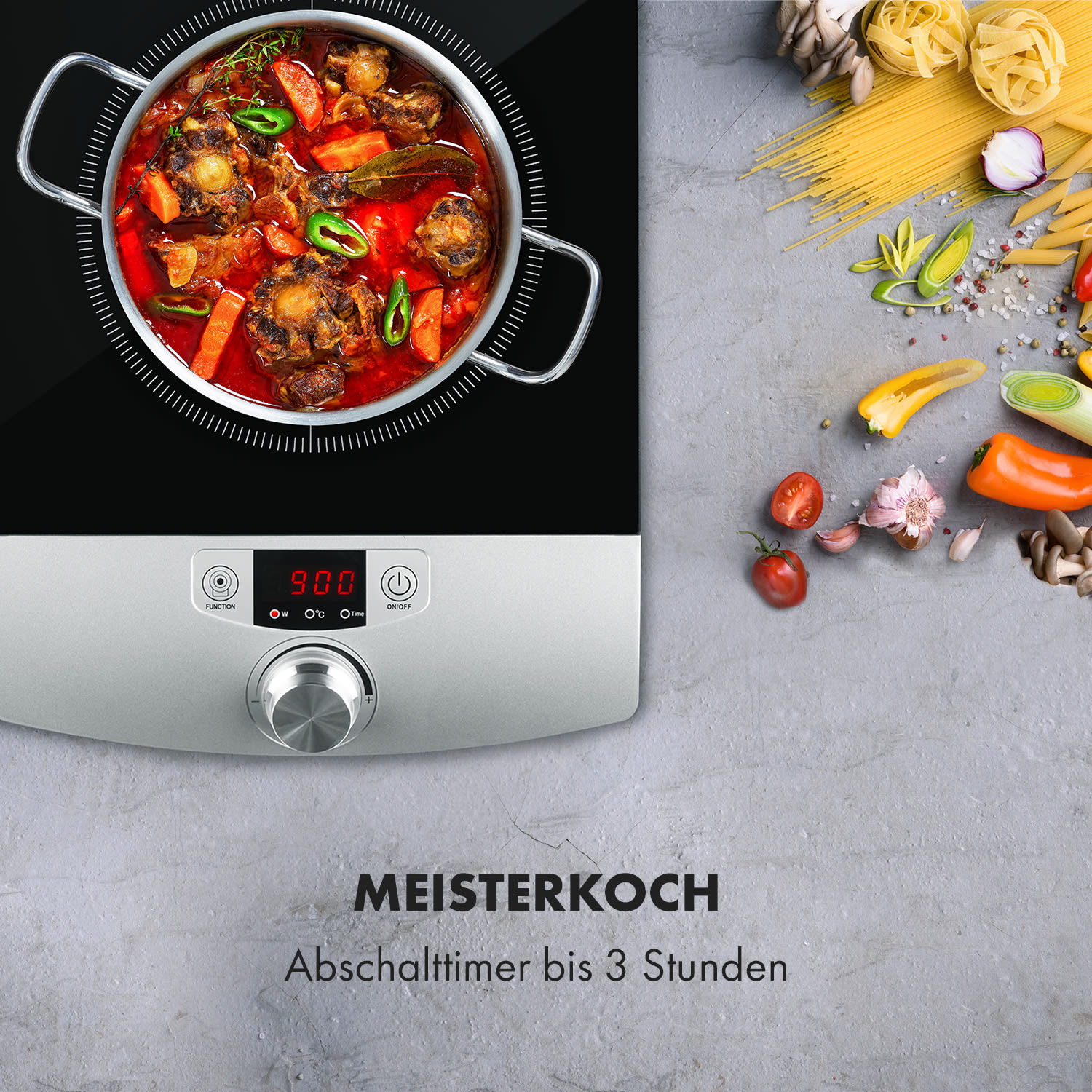 Ein Induktionskochfeld, das ein Gericht kocht. Zutaten daneben und ein Timer auf 9:00.