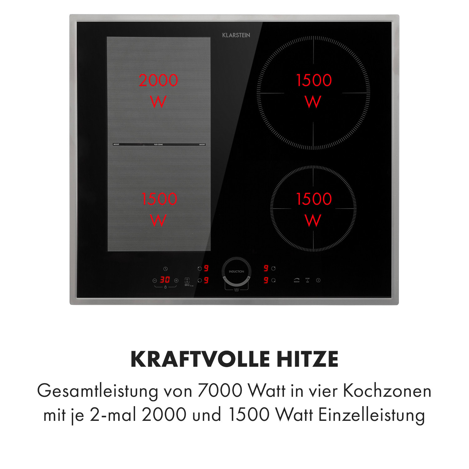 Schwarzes Induktionskochfeld mit vier Zonen, das Leistungseinstellungen in Rot anzeigt.