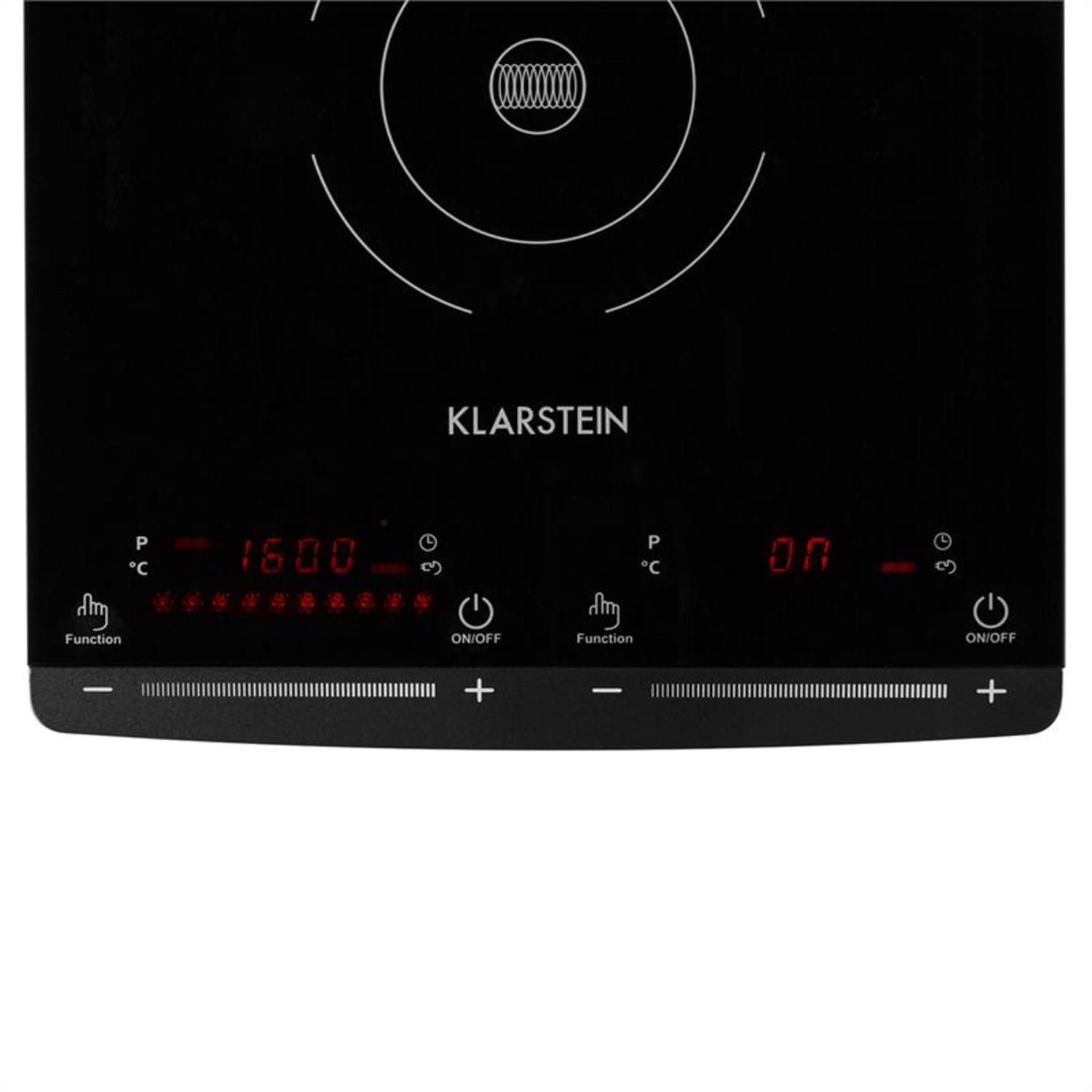 Schwarzes Induktionskochfeld mit digitaler Anzeige, Temperatur- und Leistungseinstellungen.