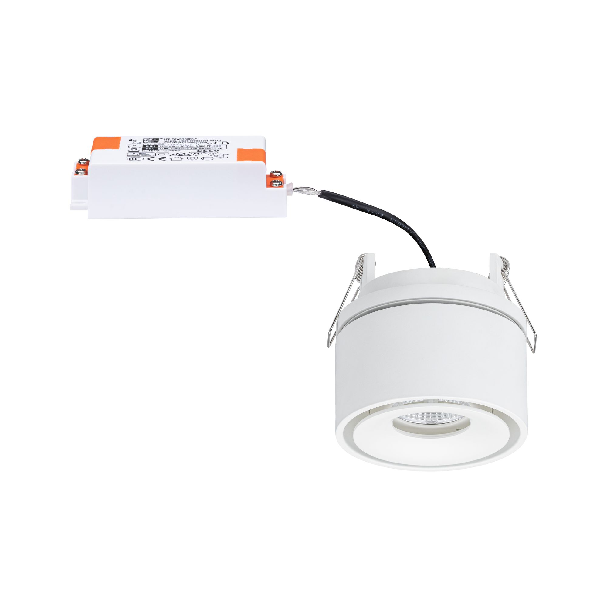Weißes Einbau-Deckenlicht mit schwarzem Kabel und orangefarbenen elektronischen Komponenten.