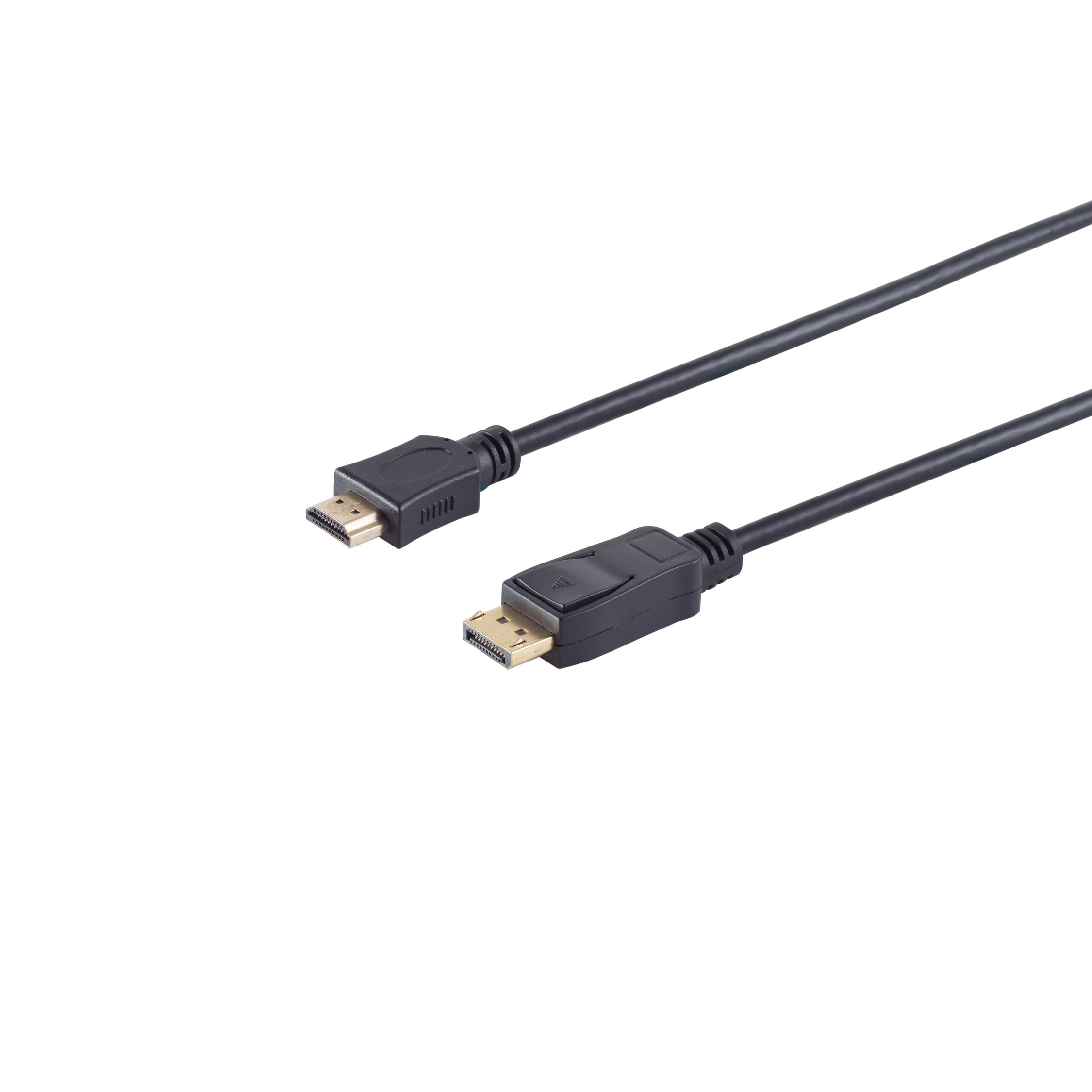 Schwarzes Kabel mit HDMI- und DisplayPort-Anschlüssen auf weißem Hintergrund.