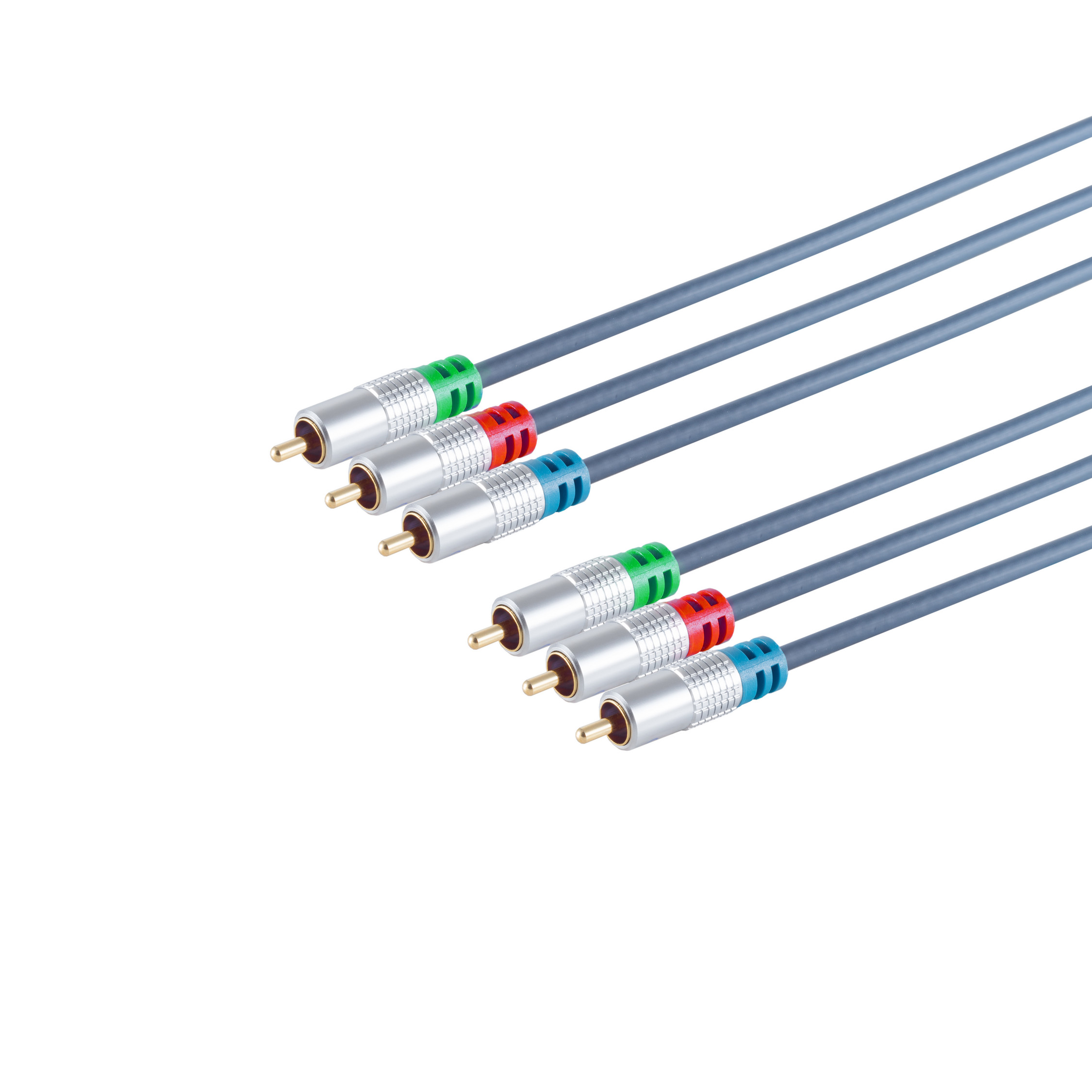 Sechs Cinch-Kabel mit grünen, roten und blauen Steckern. Graue Kabel, weißer Hintergrund.