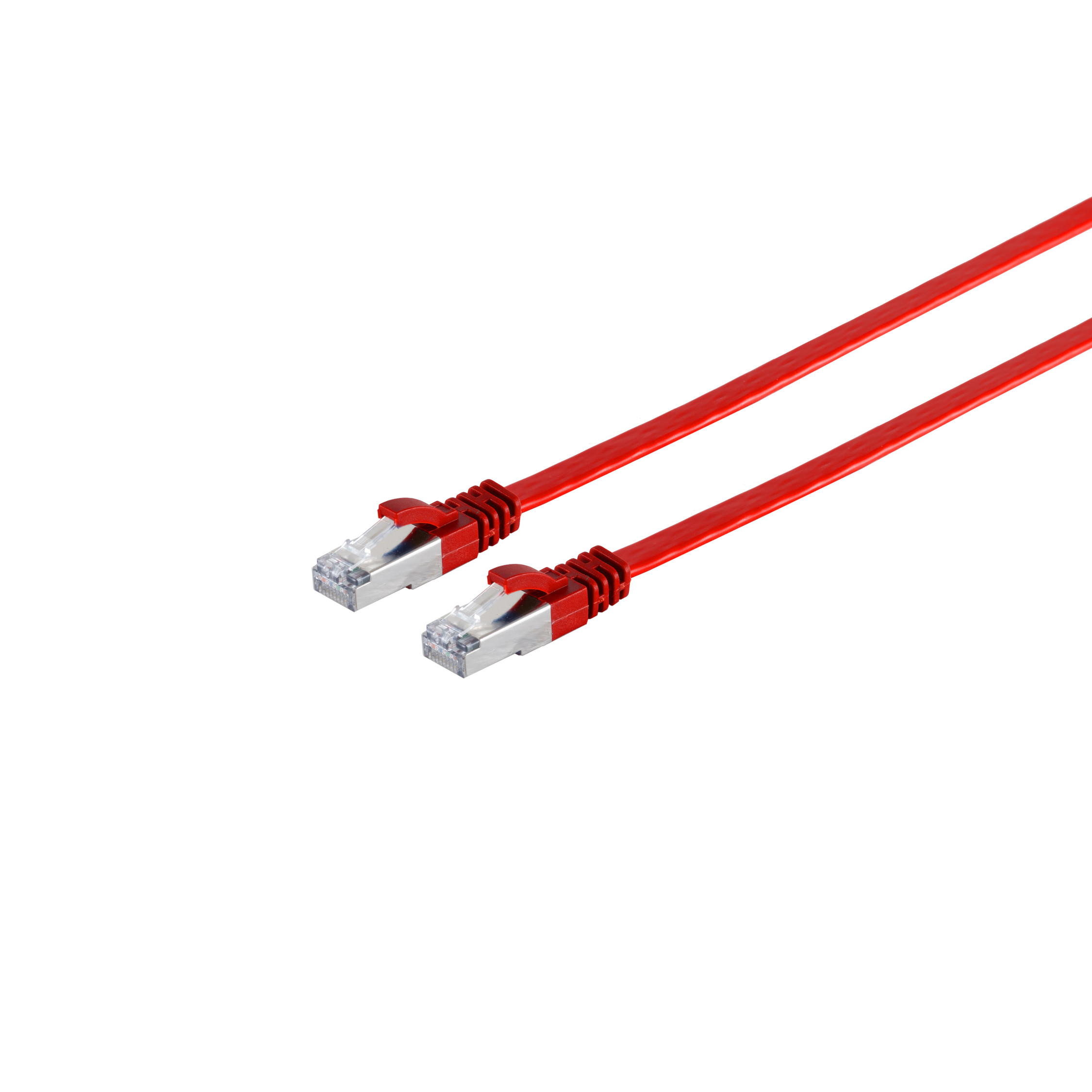 Zwei rote Ethernet-Kabel mit silbernen Steckern auf weißem Hintergrund.