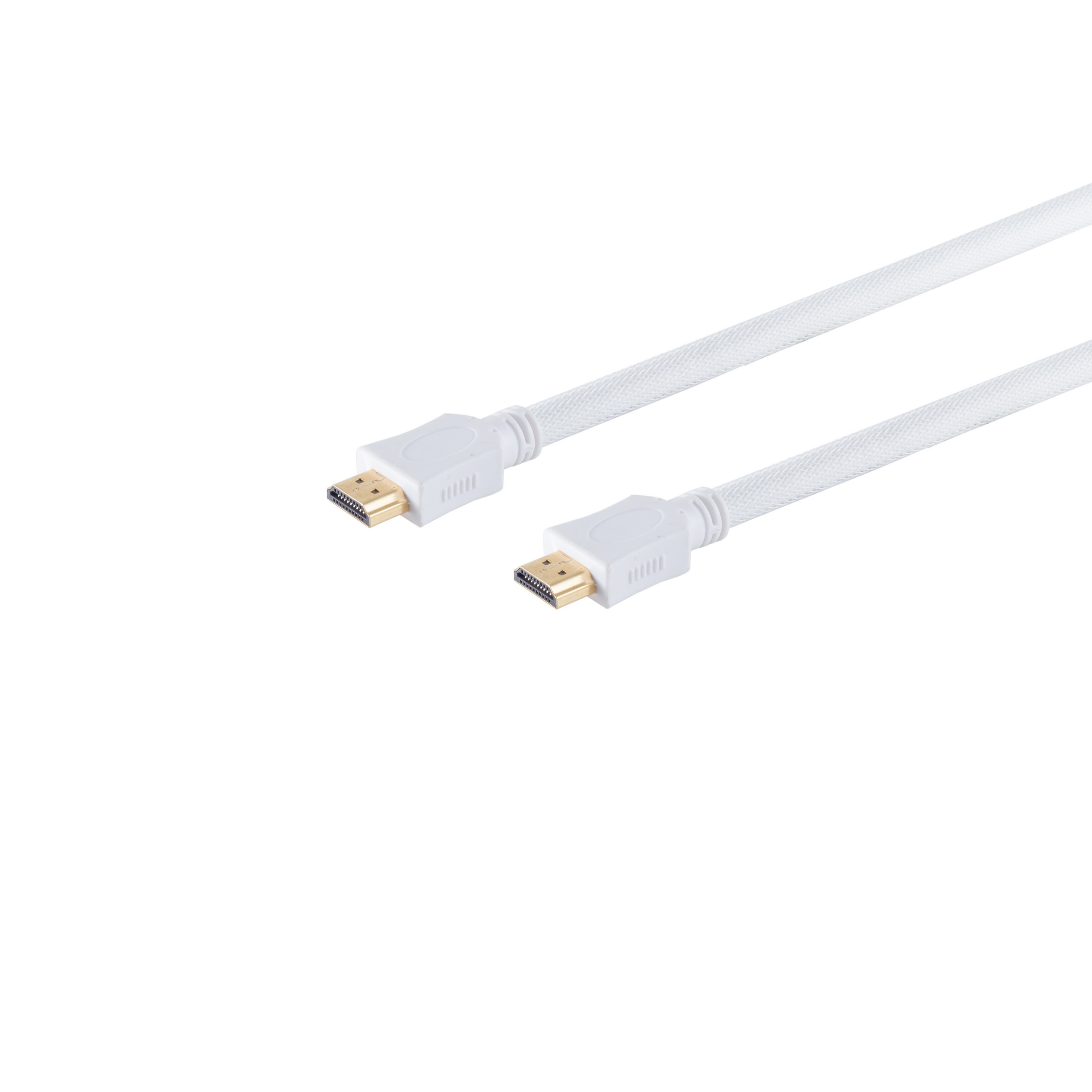 Zwei weiße HDMI-Kabel mit Anschlüssen auf weißem Hintergrund.