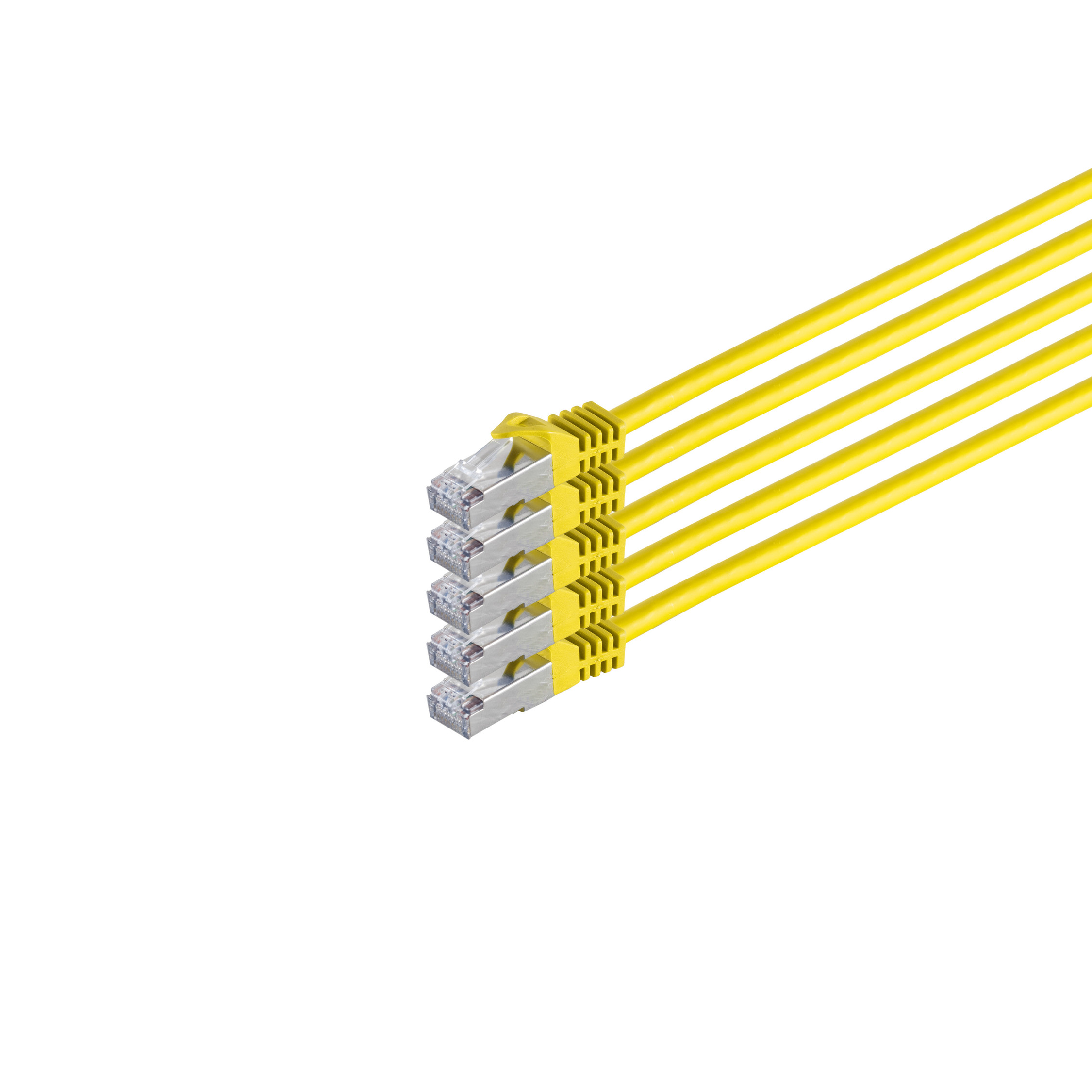 Fünf gelbe Ethernet-Kabel mit Anschlüssen vor weißem Hintergrund.