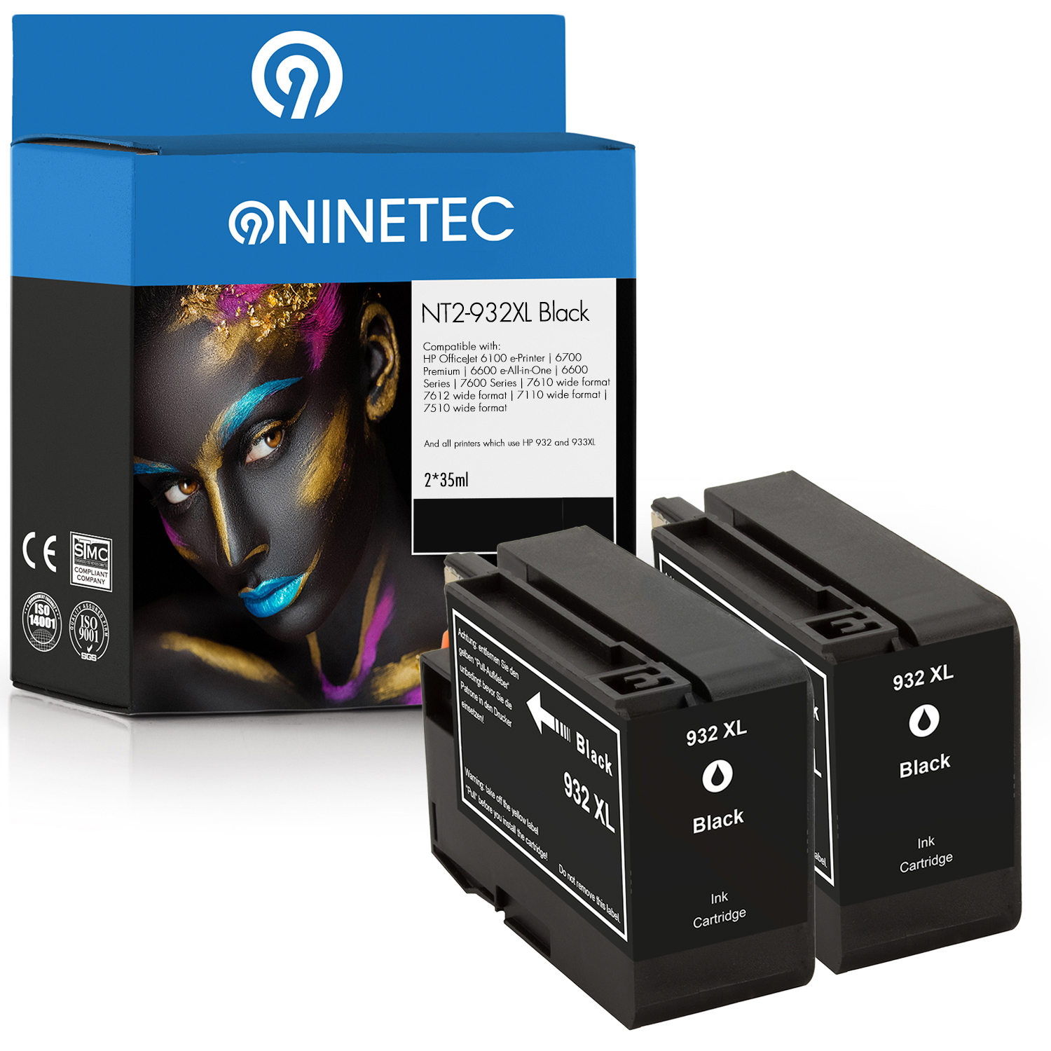 NINETEC 2er Set Patronen ersetzt 053 HP (CN black Tintenpatronen AE) 932XL