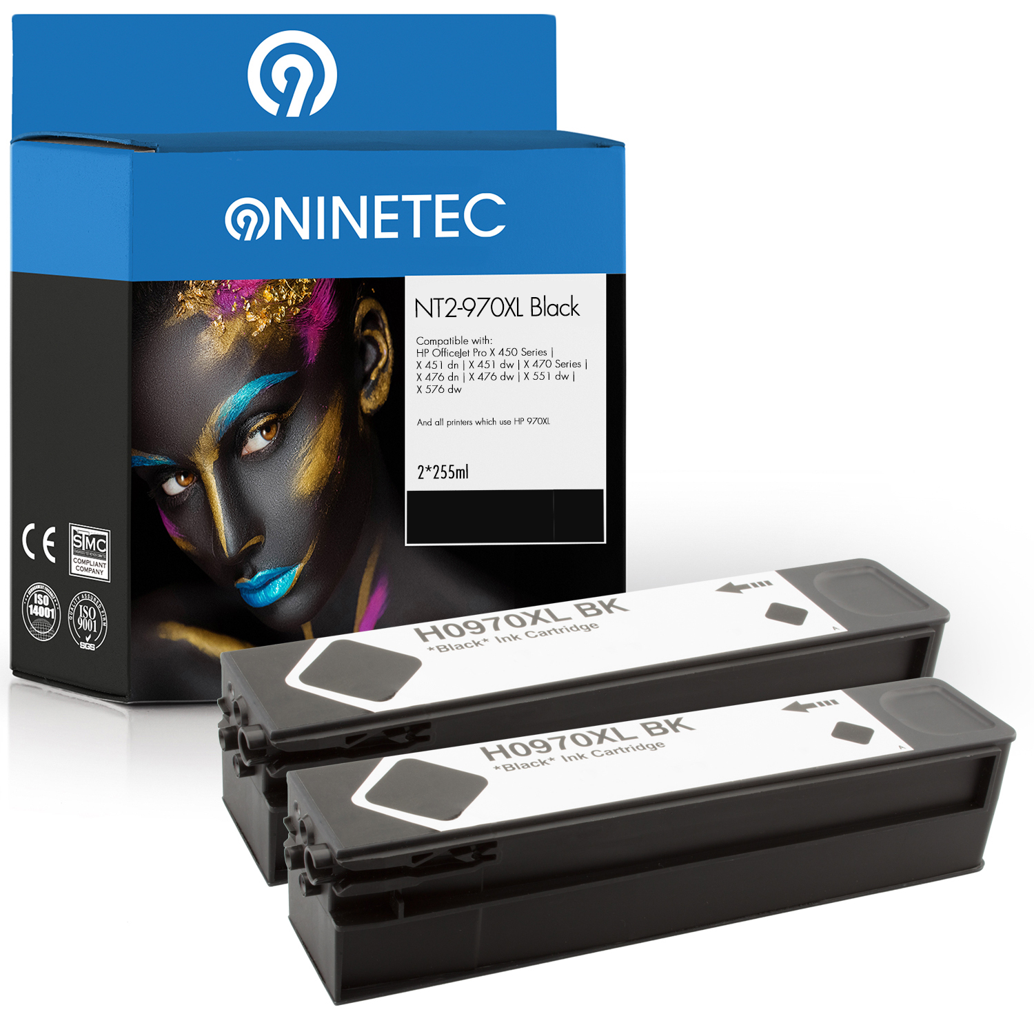 NINETEC 2er Set Patronen 625 Tintenpatronen (CN AE) ersetzt 970XL HP black
